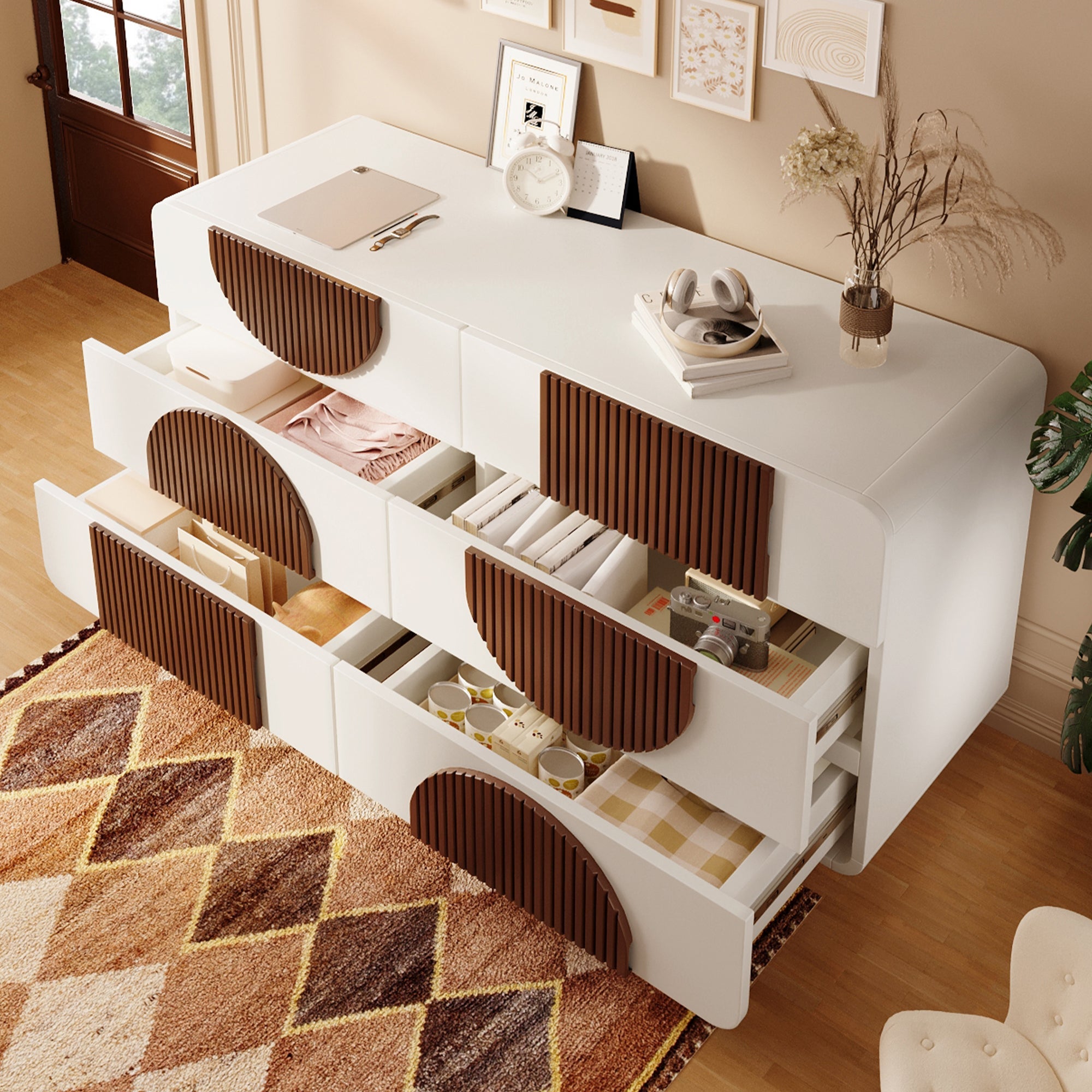 Chest of drawers 6 drawers curved design Elegant white with chocolate-colored wooden trim
