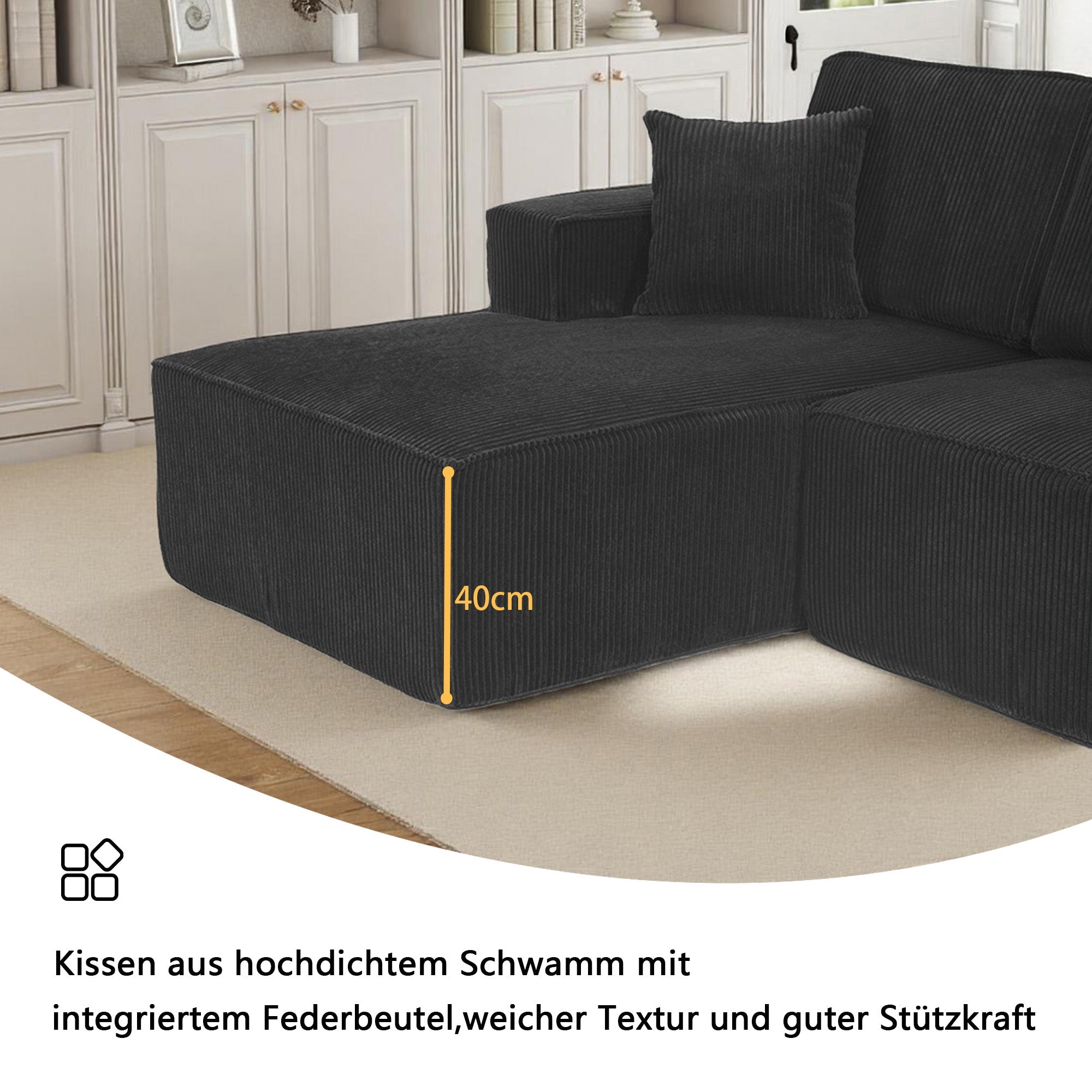 L-shaped Modular Corner Sofa 2-Seater Chaise Black Corduroy Fabric