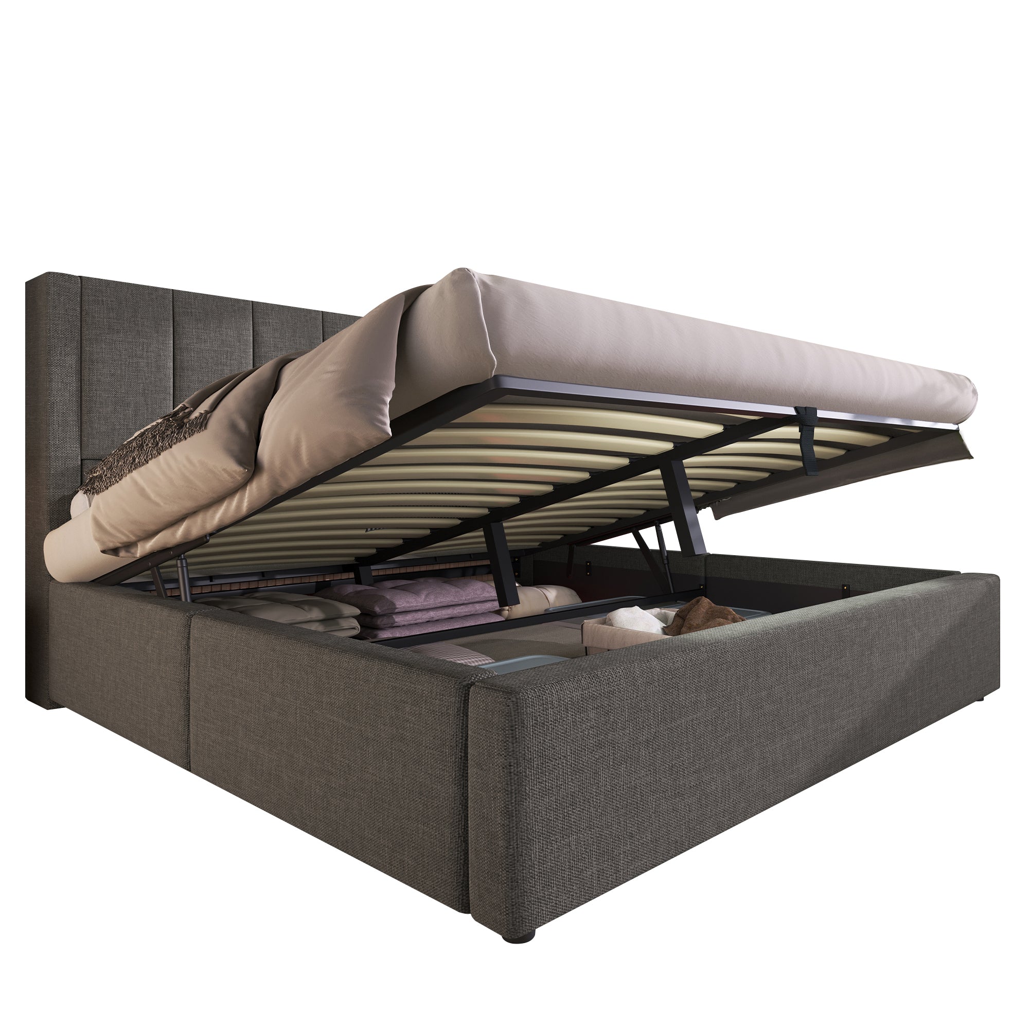 Upholstered Bed 140x200cm Hydraulic Storage with Charging Station and Cup Holder Linen Grey