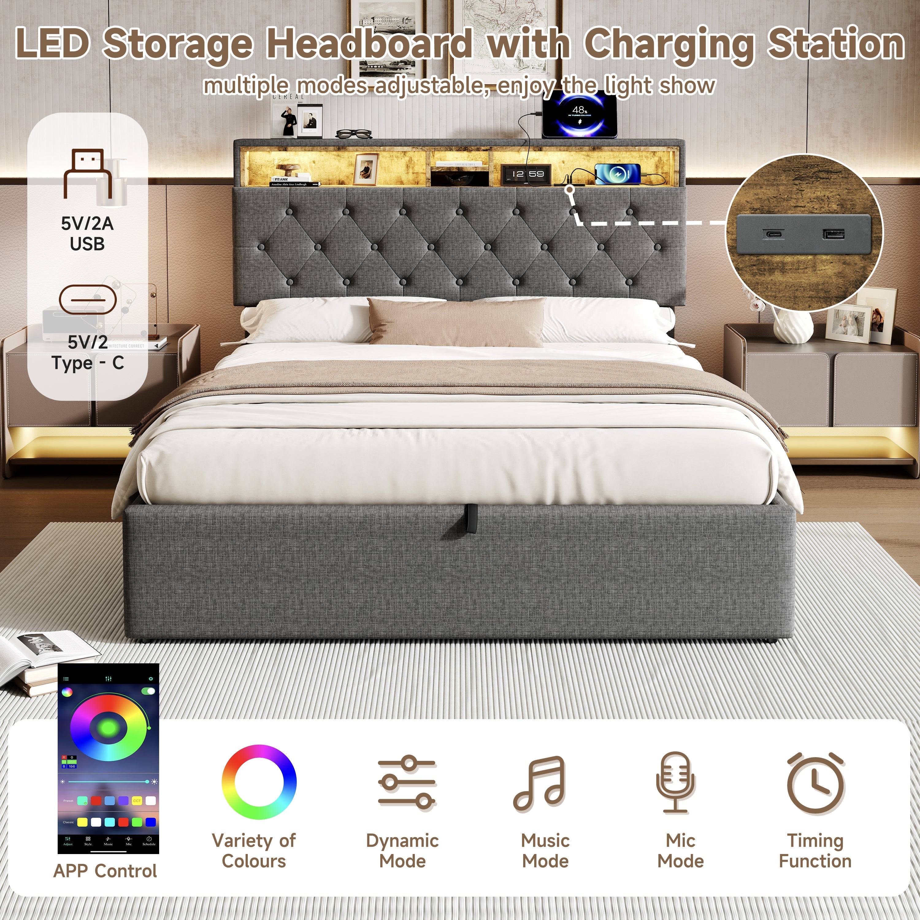 5ft King Upholstered Hydraulic Bed, Headboard Storage & LED Lighting, Linen Grey