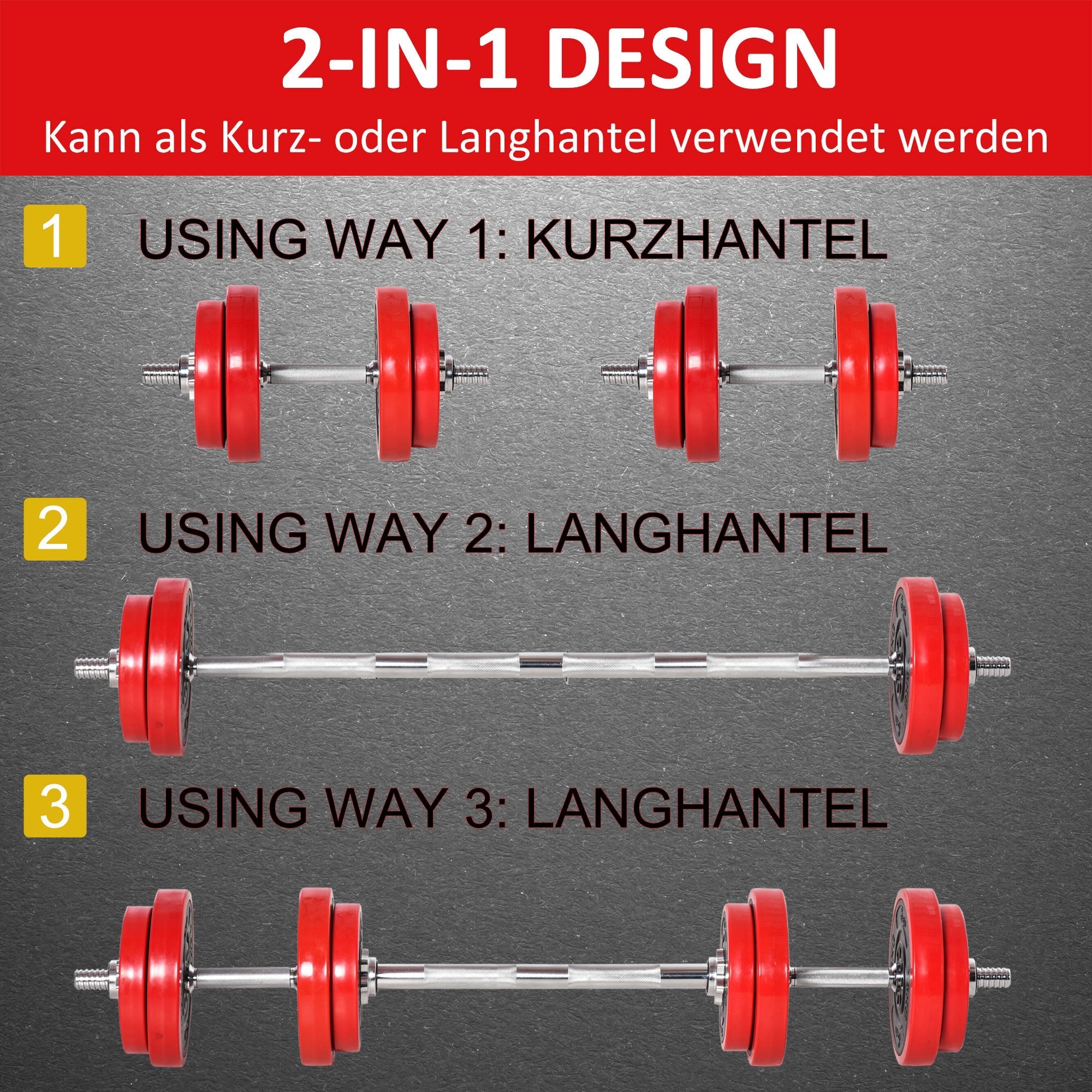 Dumbbell Set 20KGS 2-IN-1 Adjustable Dumbbells & Barbells, Red Black