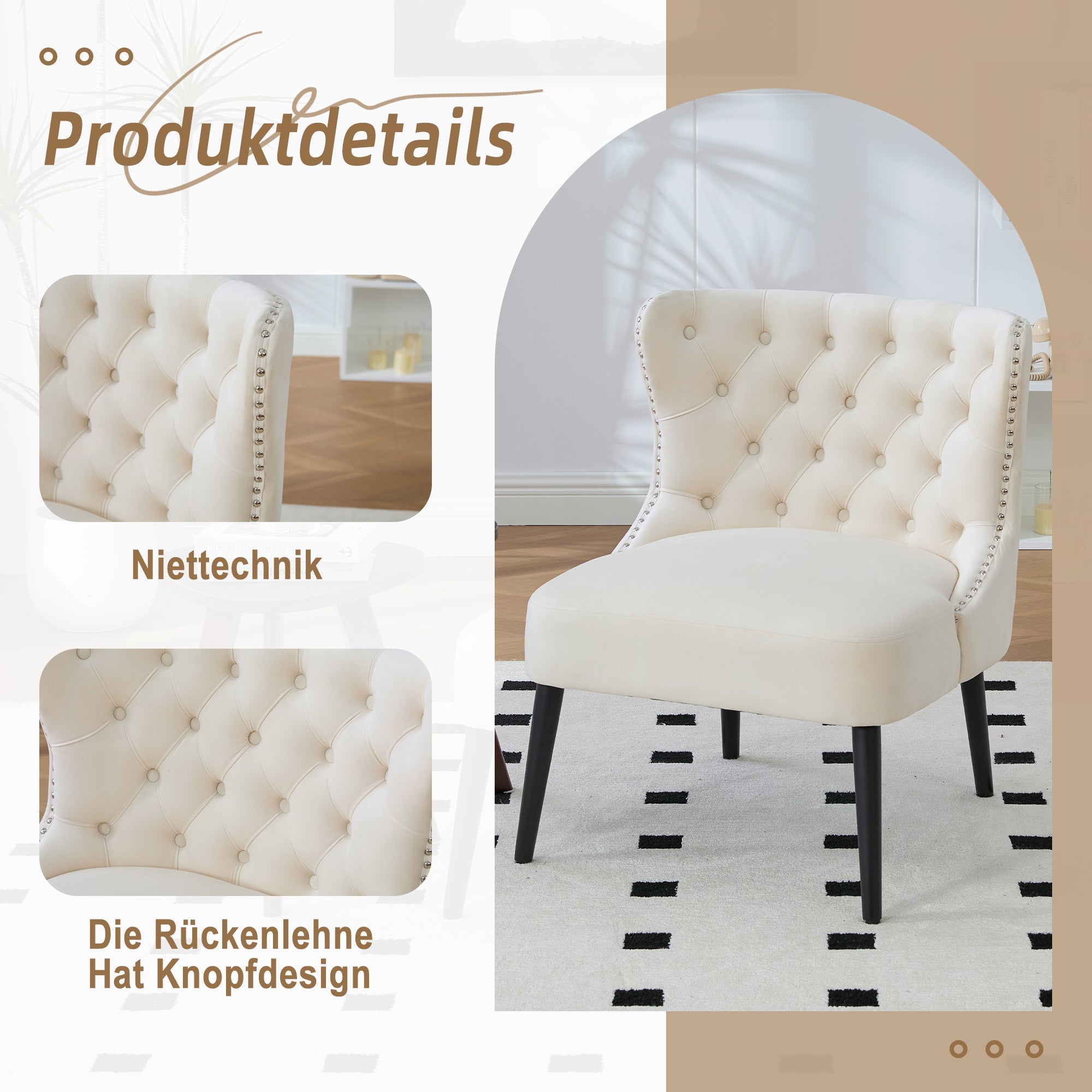 Single Sofa Chair, Velvet Button-Front Armless Studded Trim Solid Wood Legs, Velvet