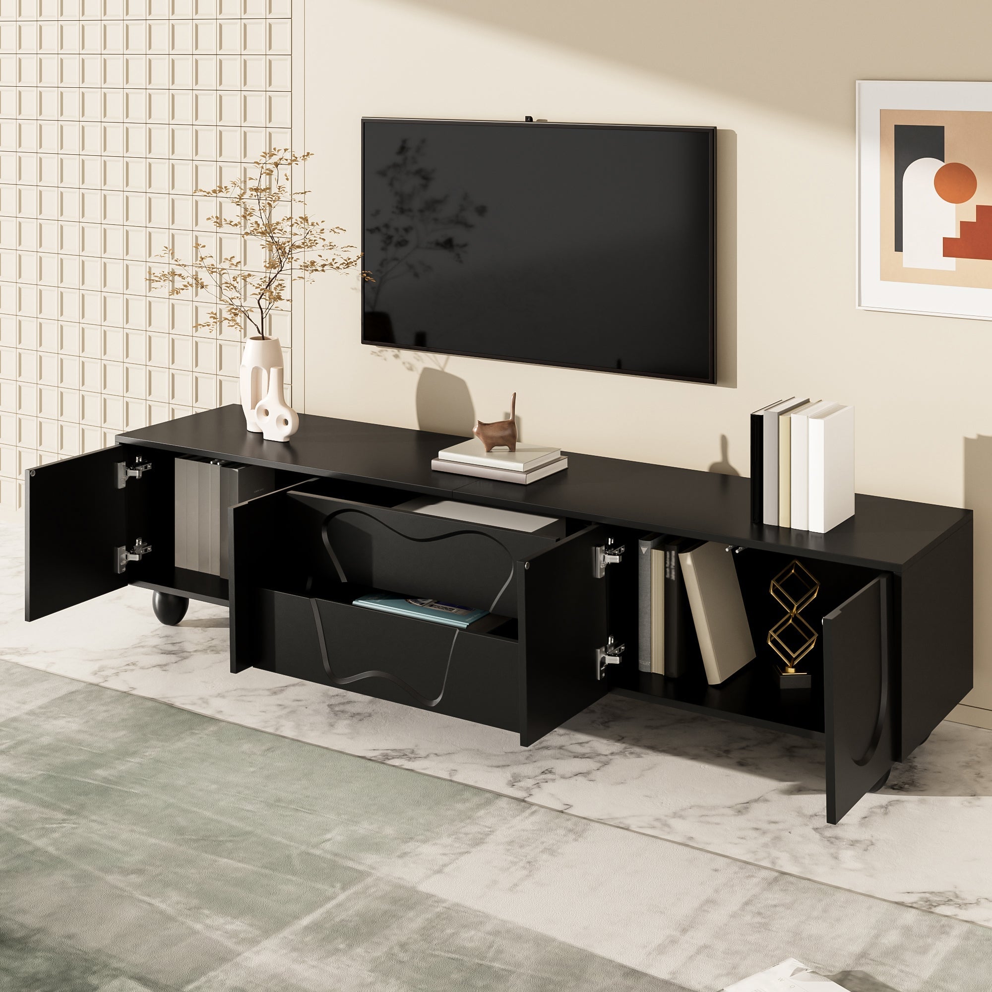 TV Cabinet, 180cm Minimalist Elegant Storage, Black Wooden