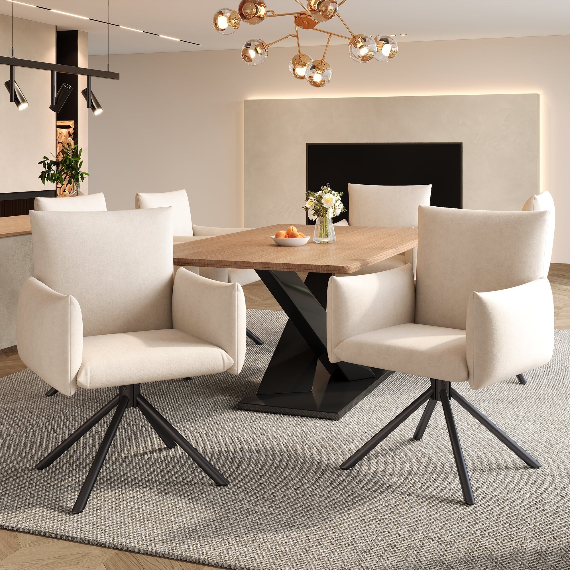 Dining Chairs Set of 4 Upholstered Swivel 360° Lumbar Support - Velvet Beige