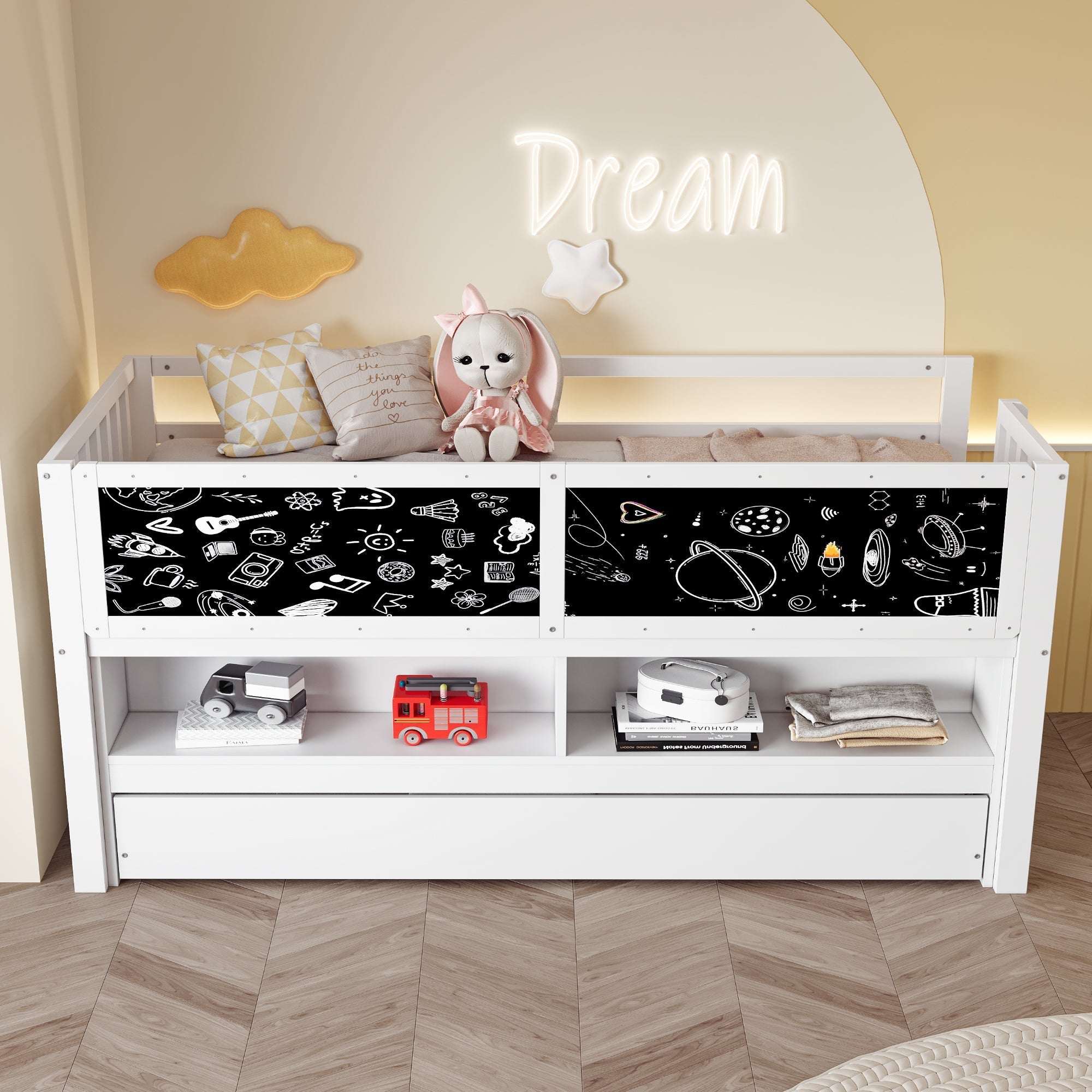 Children's House Bed 90x200 Extendable Chalkboard Storage Climbing Ladder - Solid Wood White