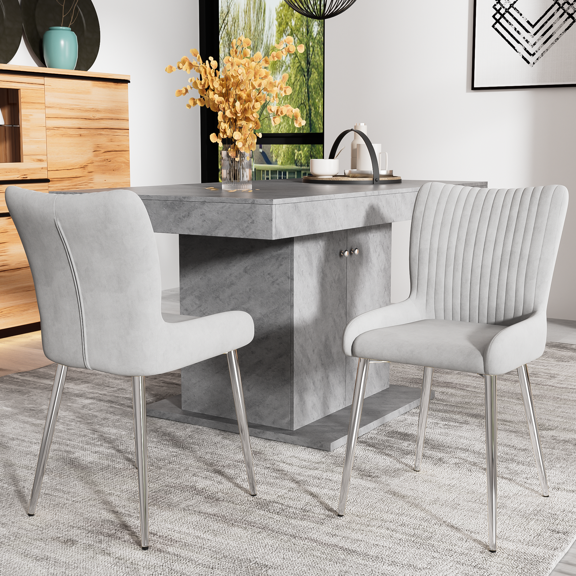 Velvet Dining Chair, Set of 2 with Silver Metal Legs and Lumbar Support, Grey Velvet