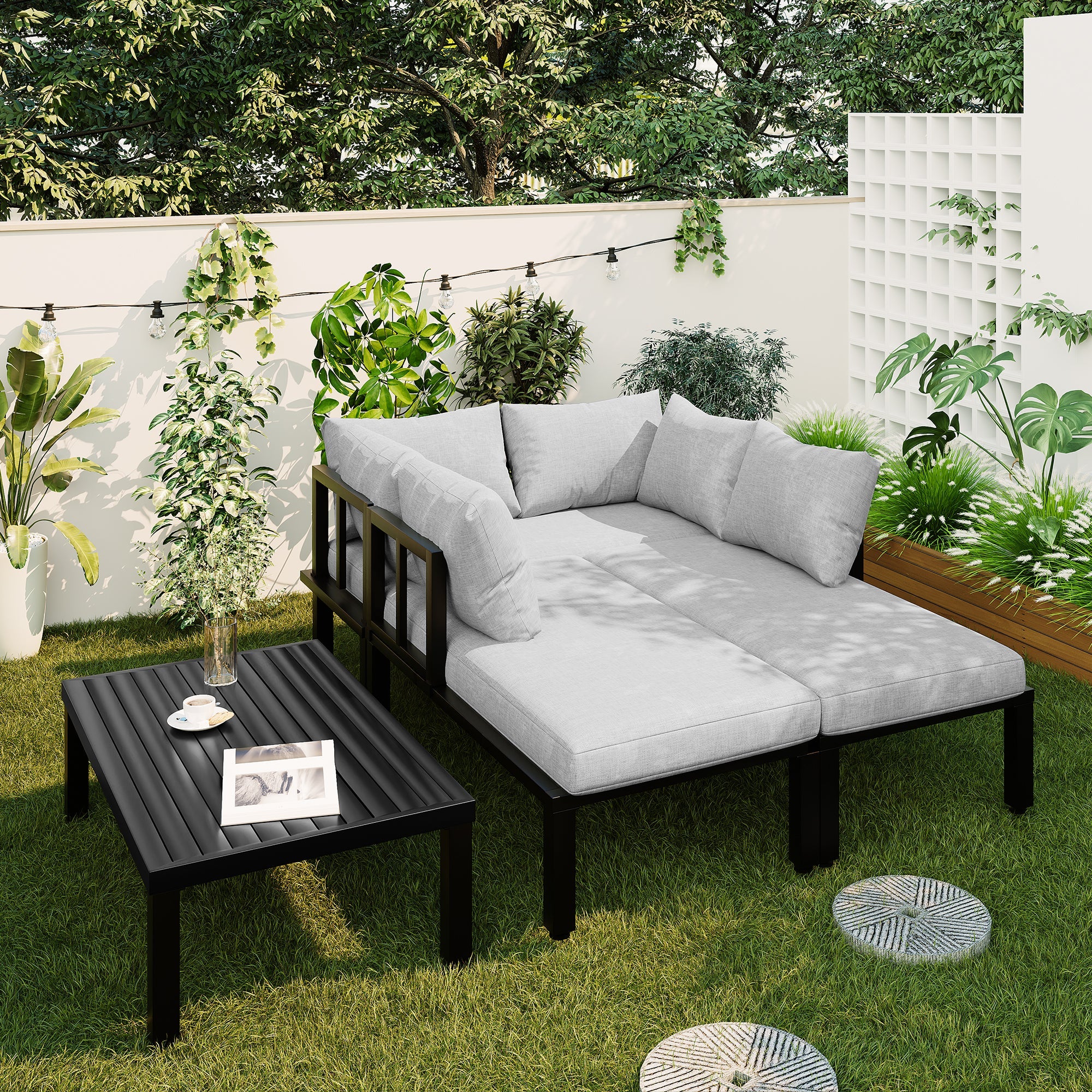 Garden Dining Set, 6-Seater Modular Lounge with Adjustable Legs and Removable Backrest, Grey Galvanized Iron