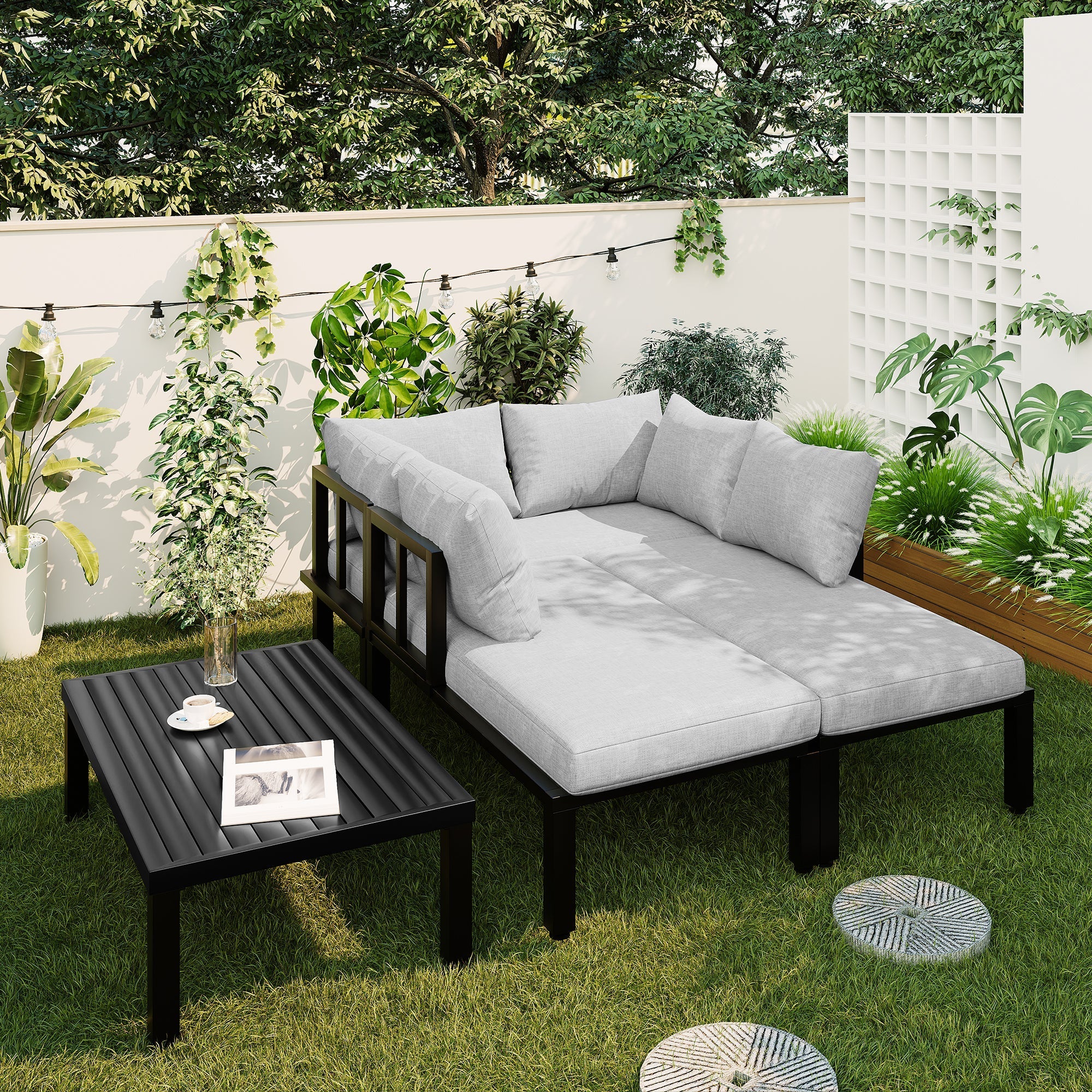 Garden Dining Set, 6-Seater Modular Lounge with Adjustable Legs and Removable Backrest, Grey Galvanized Iron