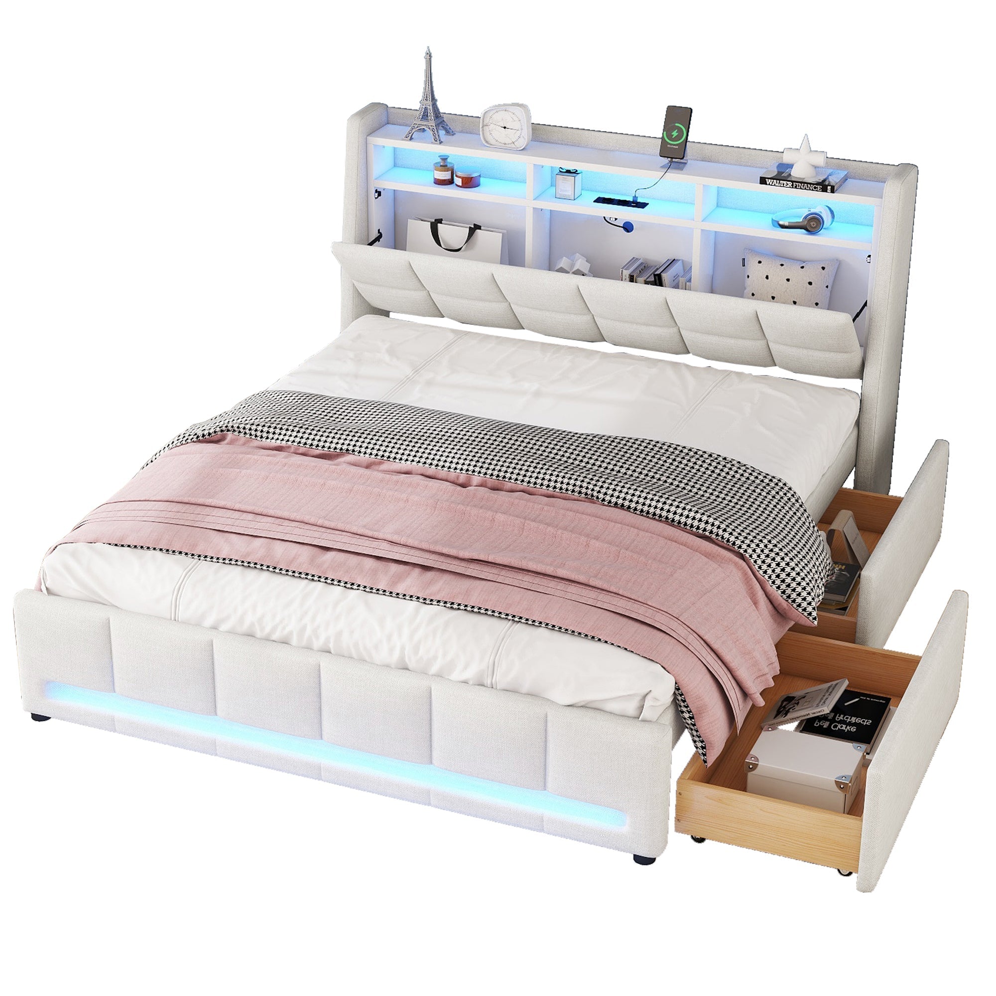 Upholstered Bed 160x200cm LED App Control Drawers USB Storage - Linen Beige