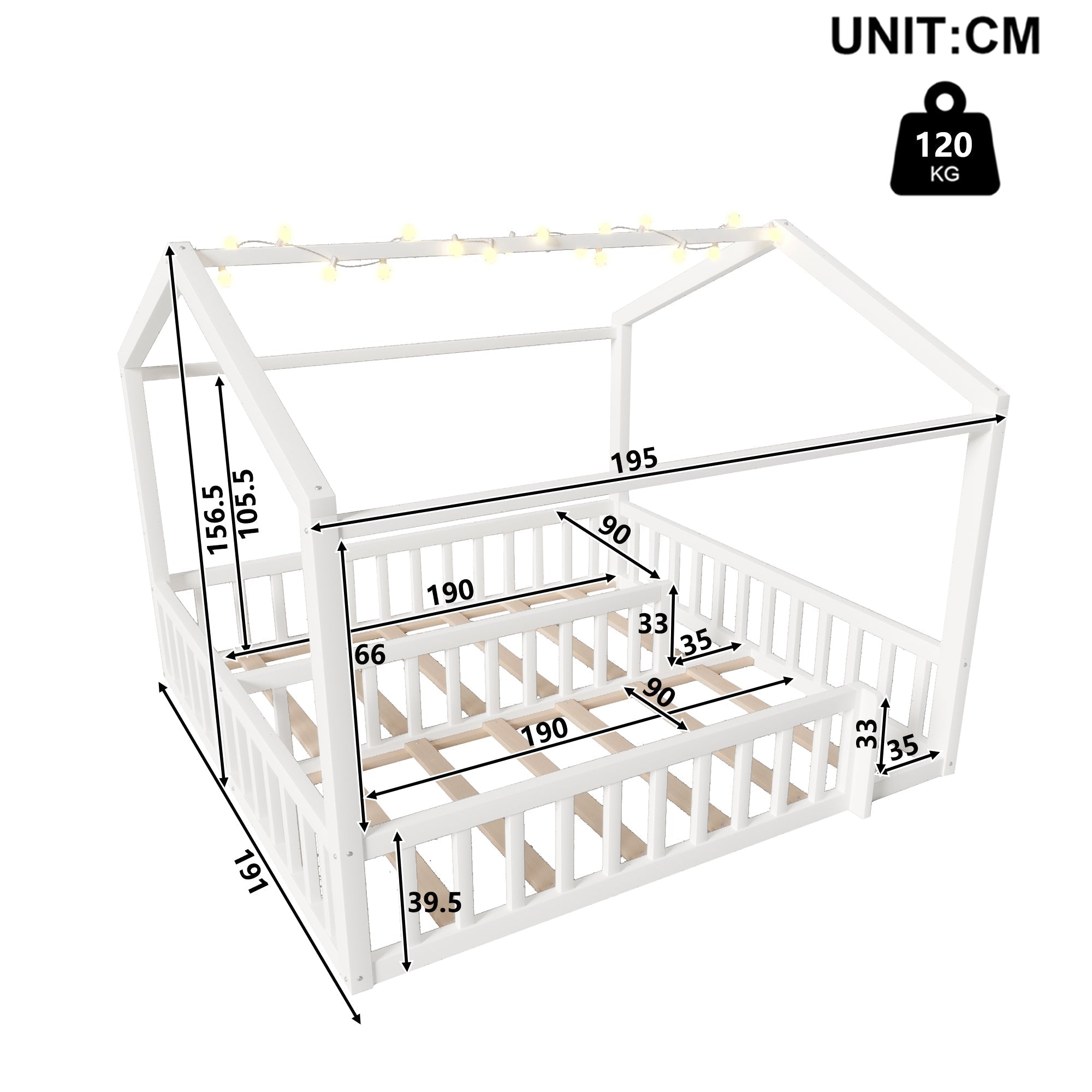 Flatbed Convertible Children's Bed 90x190cm to 180x190cm House Rail LED Lights Pine Wood White