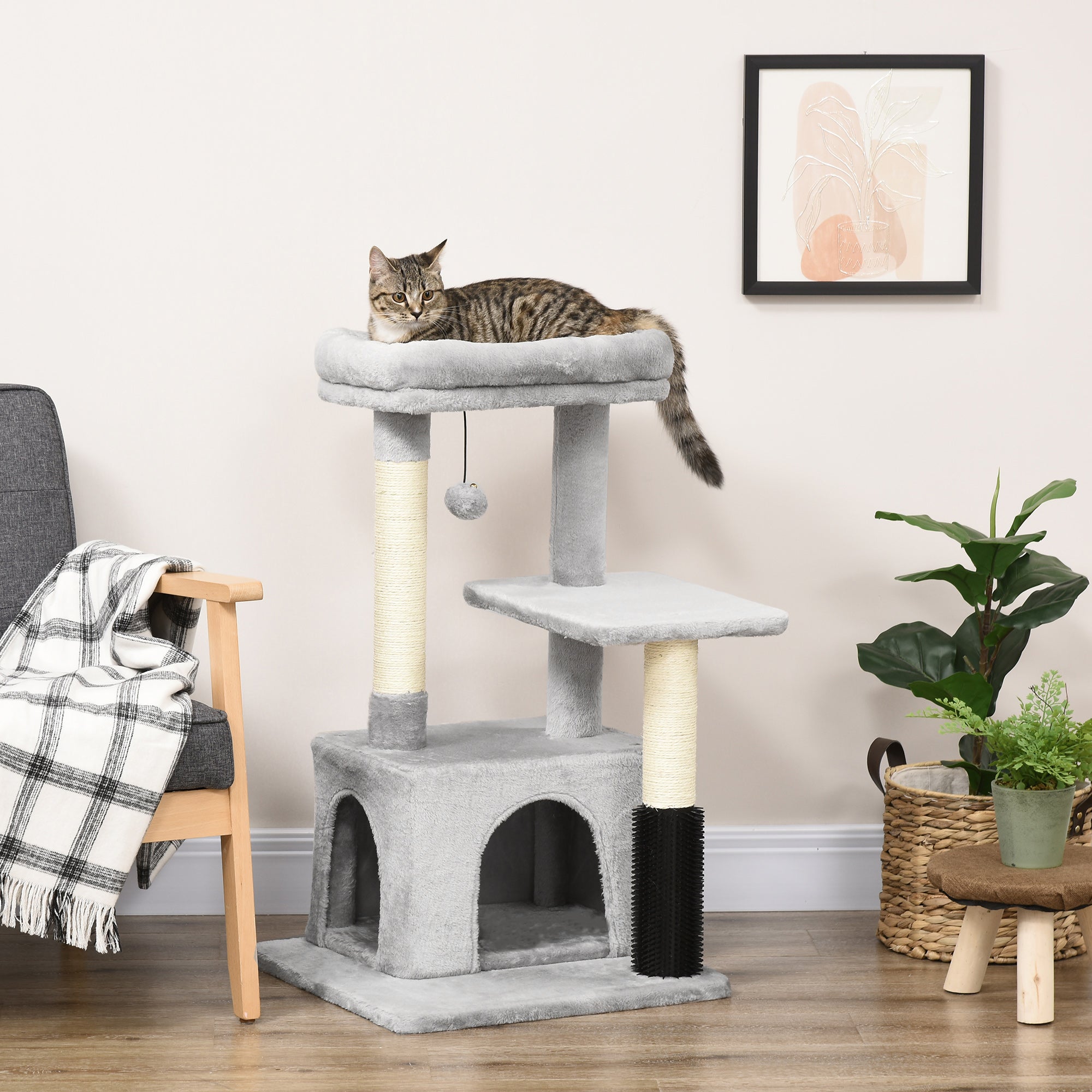 Cat Tree with Washable Bed, Litter Tray, Toys, Light Grey