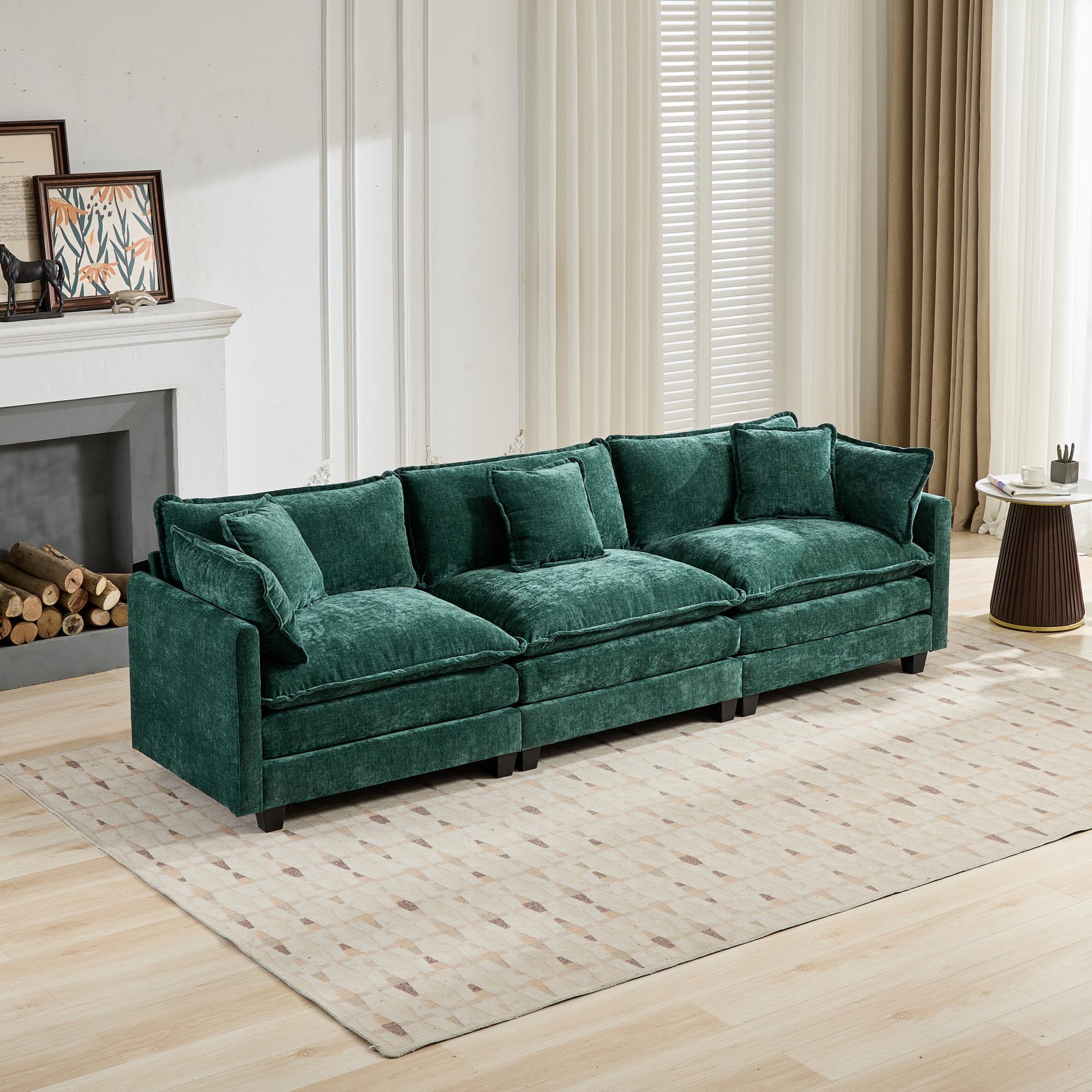Cloud Sofa 3-Seat Sectional Couch with Double Layer Upholstered Cushion, Green Chenille Fabric