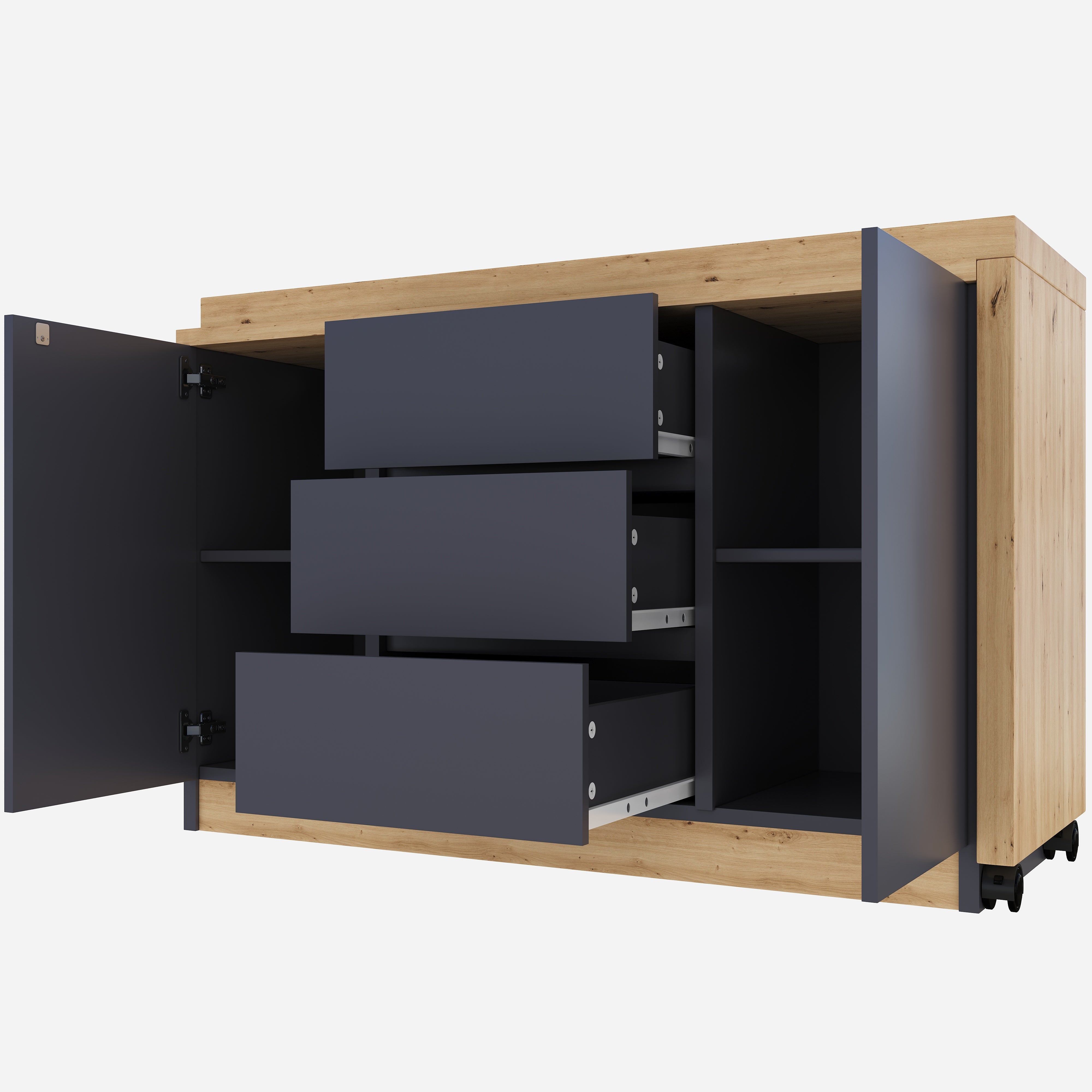 Desk Multifunctional Rotating Foldable Corner Sideboard with Lockable Casters, Grey/Oak