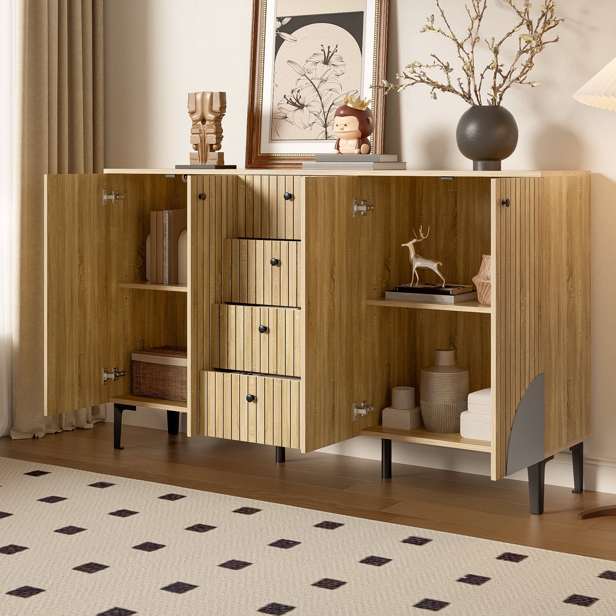 Storage Cabinet 4 Doors 4 Drawers 160x36x94cm - Modern Wood
