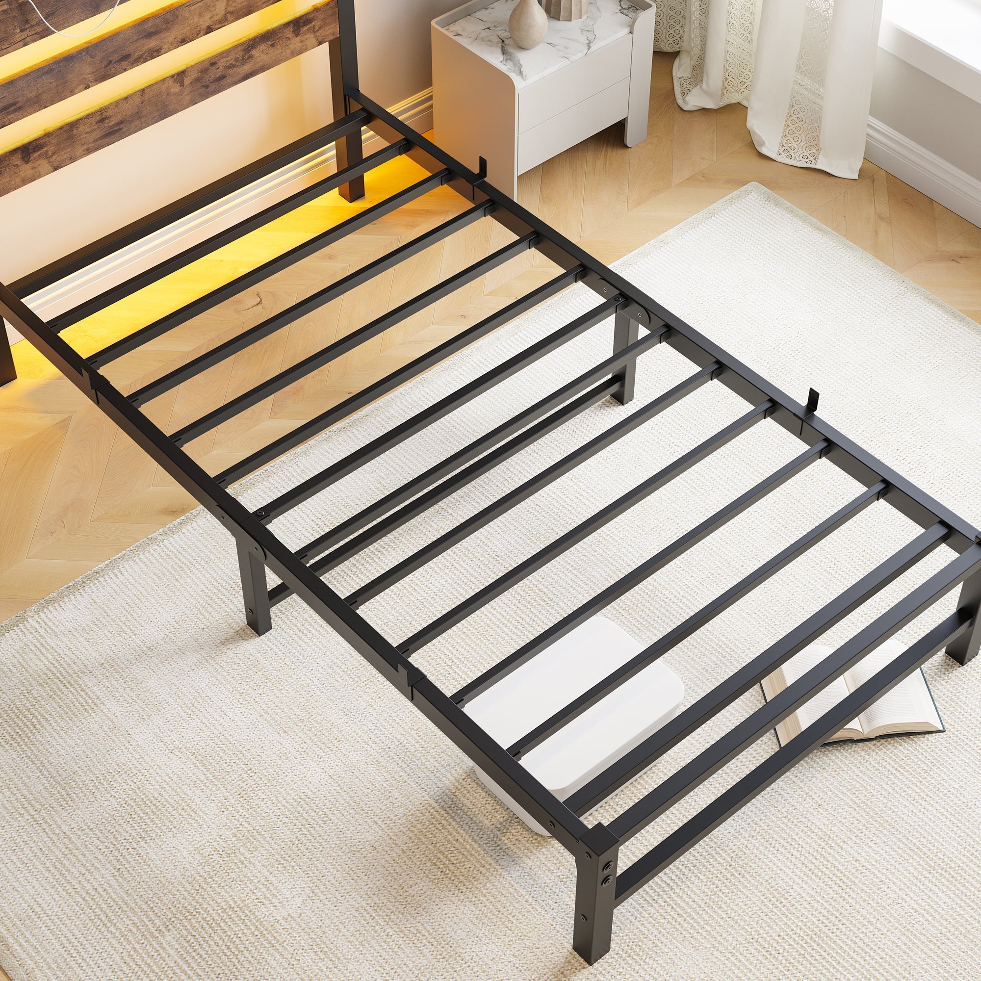 90x200 Bed Frame LED USB Charging Storage - Metal