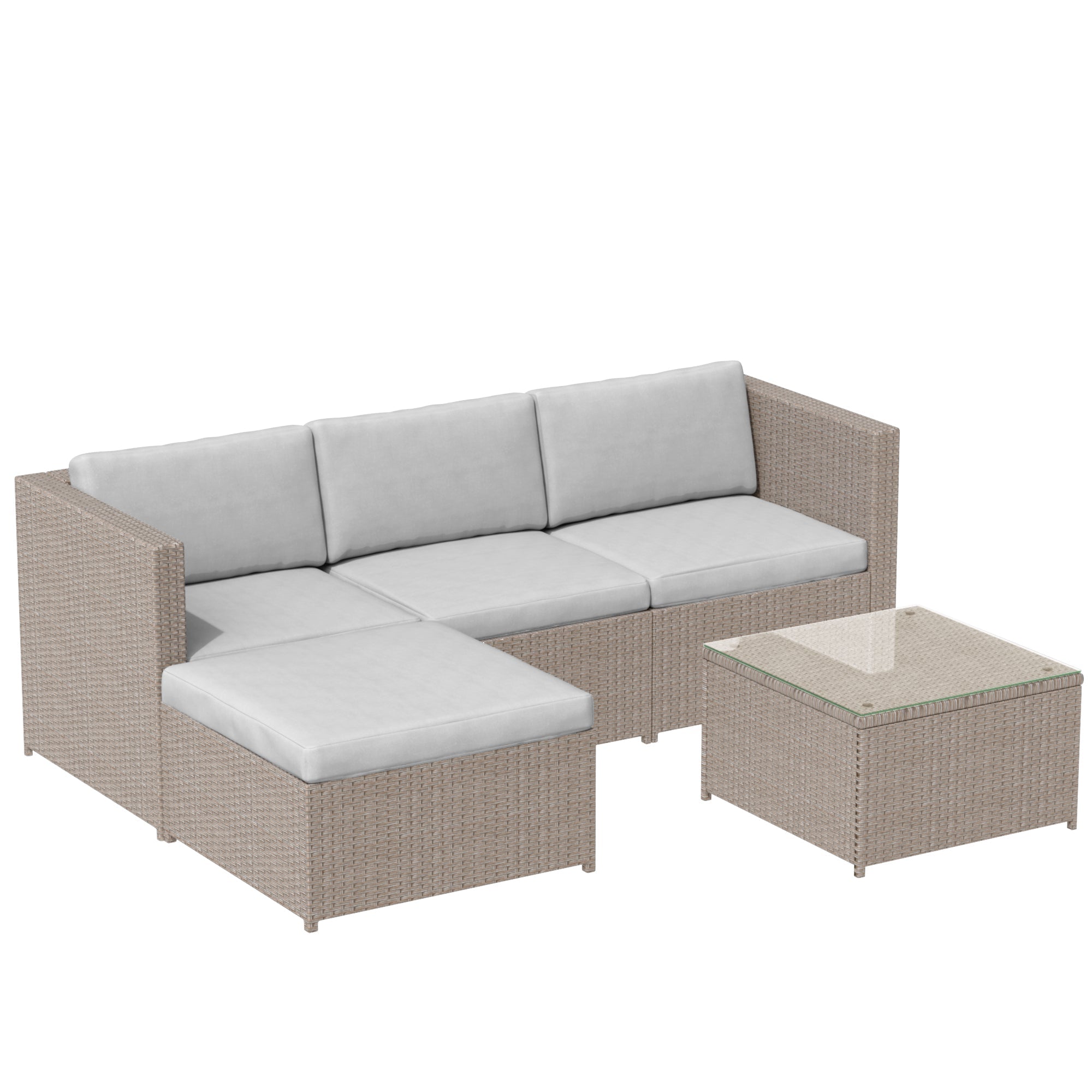 Polyrattan Lounge Sofa Set with Cushions and Glass Top Table, Khaki