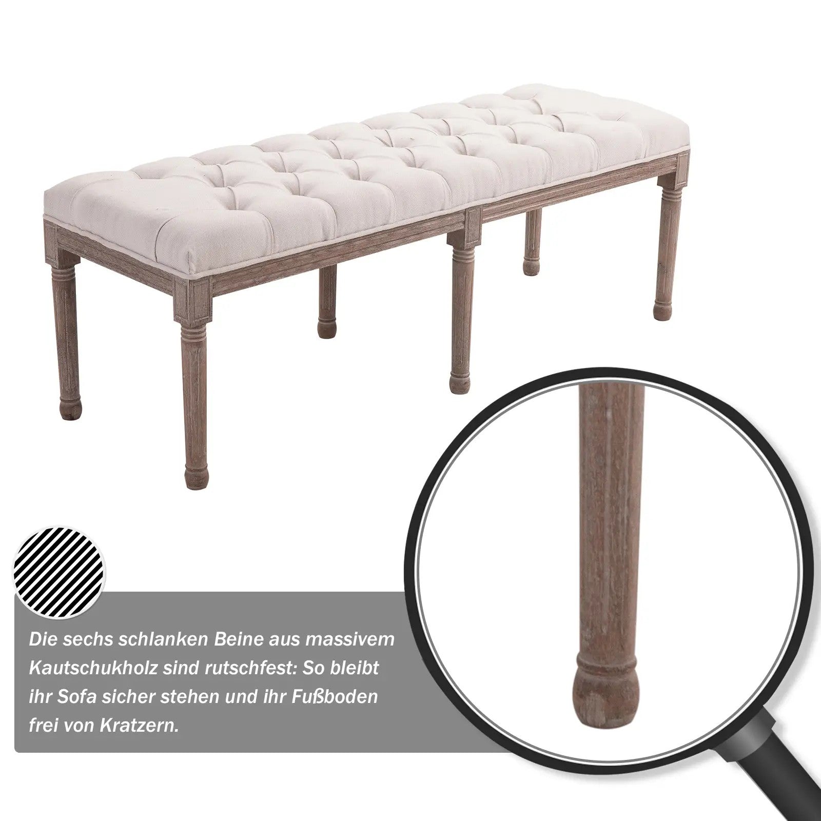 Upholstered Bench Lounge Stool with Buttons, Linen Wood, Beige
