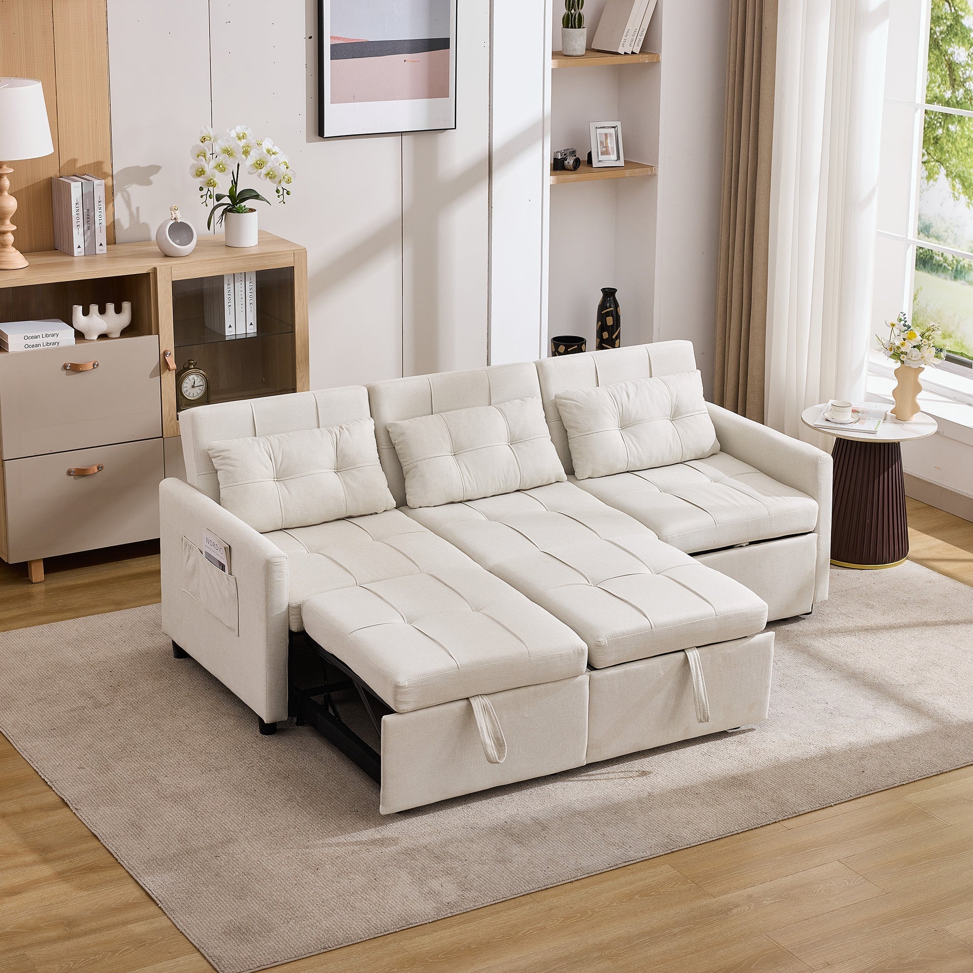 3-Seater Sofa Bed Adjustable Back Storage L-Shape - Beige