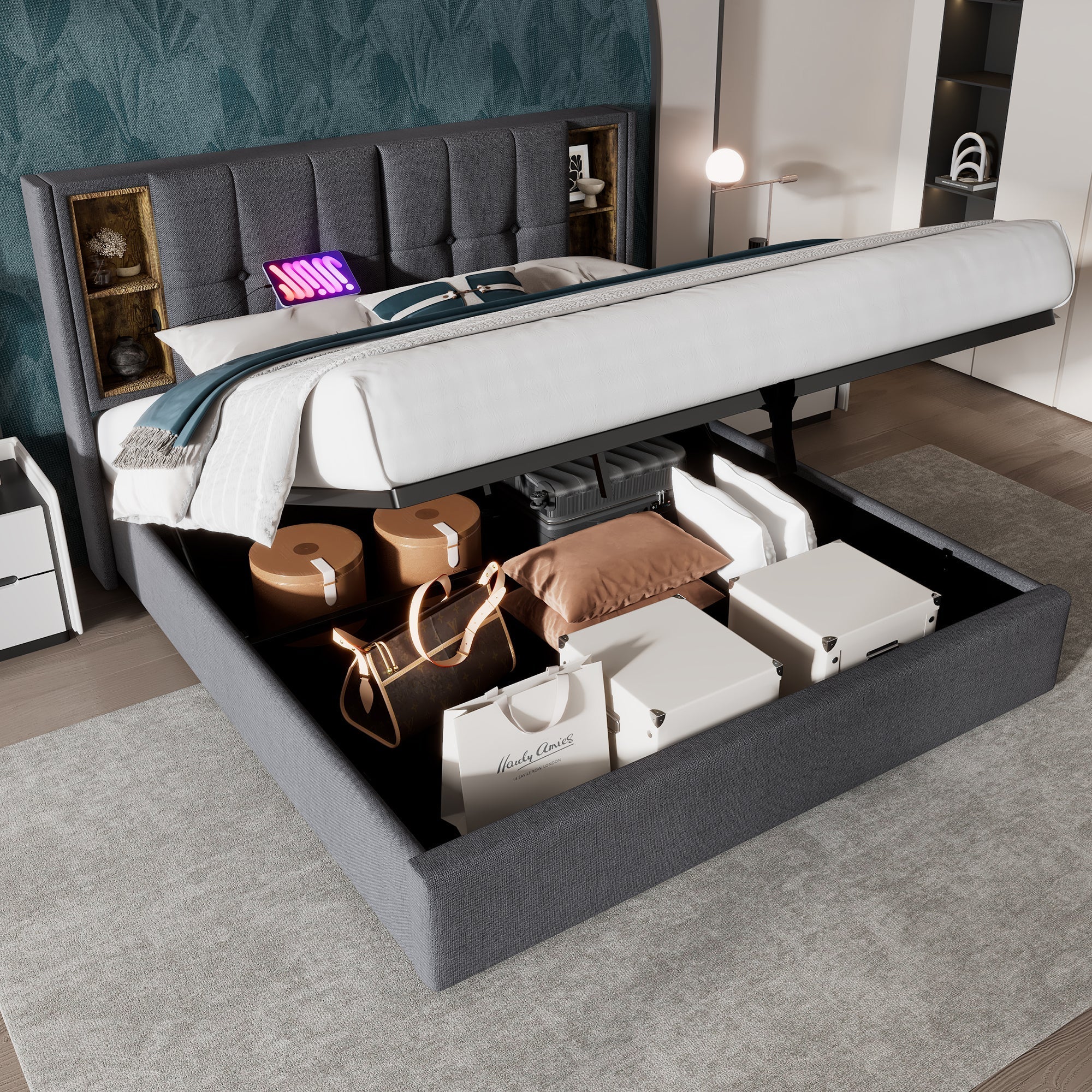 Double Bed with Wireless Charging, Storage, Wood Slatted Frame - Grey Cotton