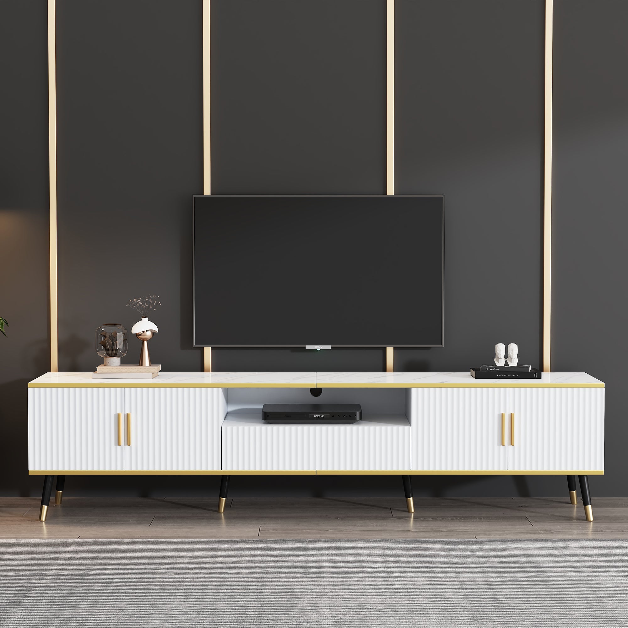 TV Cabinet, Modern Low with Marble Look, 200x40x46cm