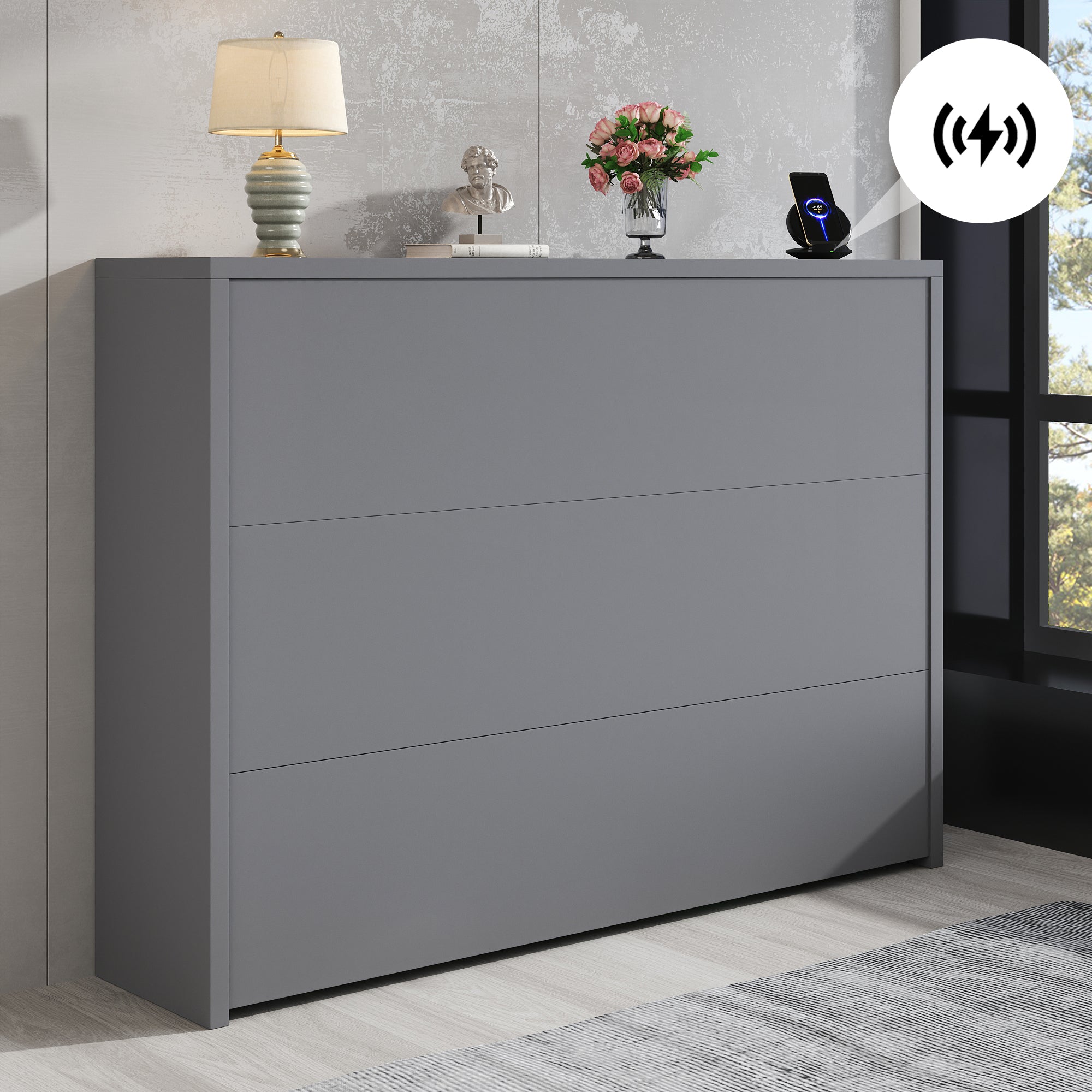 Foldable Desk, 2-in-1 Sideboard & Workstation with Wireless Charger, Wheels & Anti-Tip