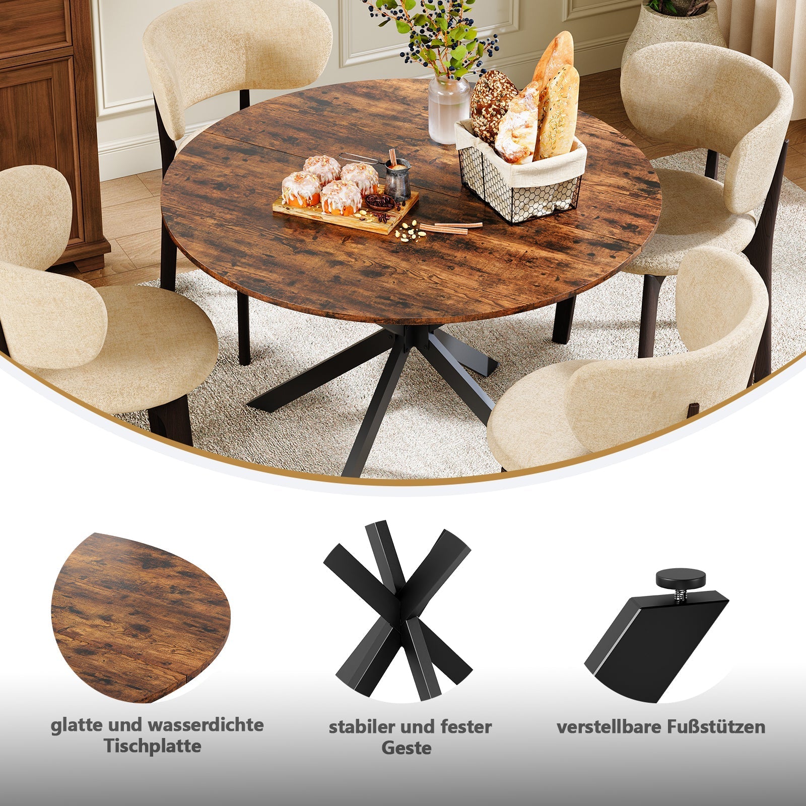 Round Dining Table 120cm Industrial X-Legs Vintage Brown-Black