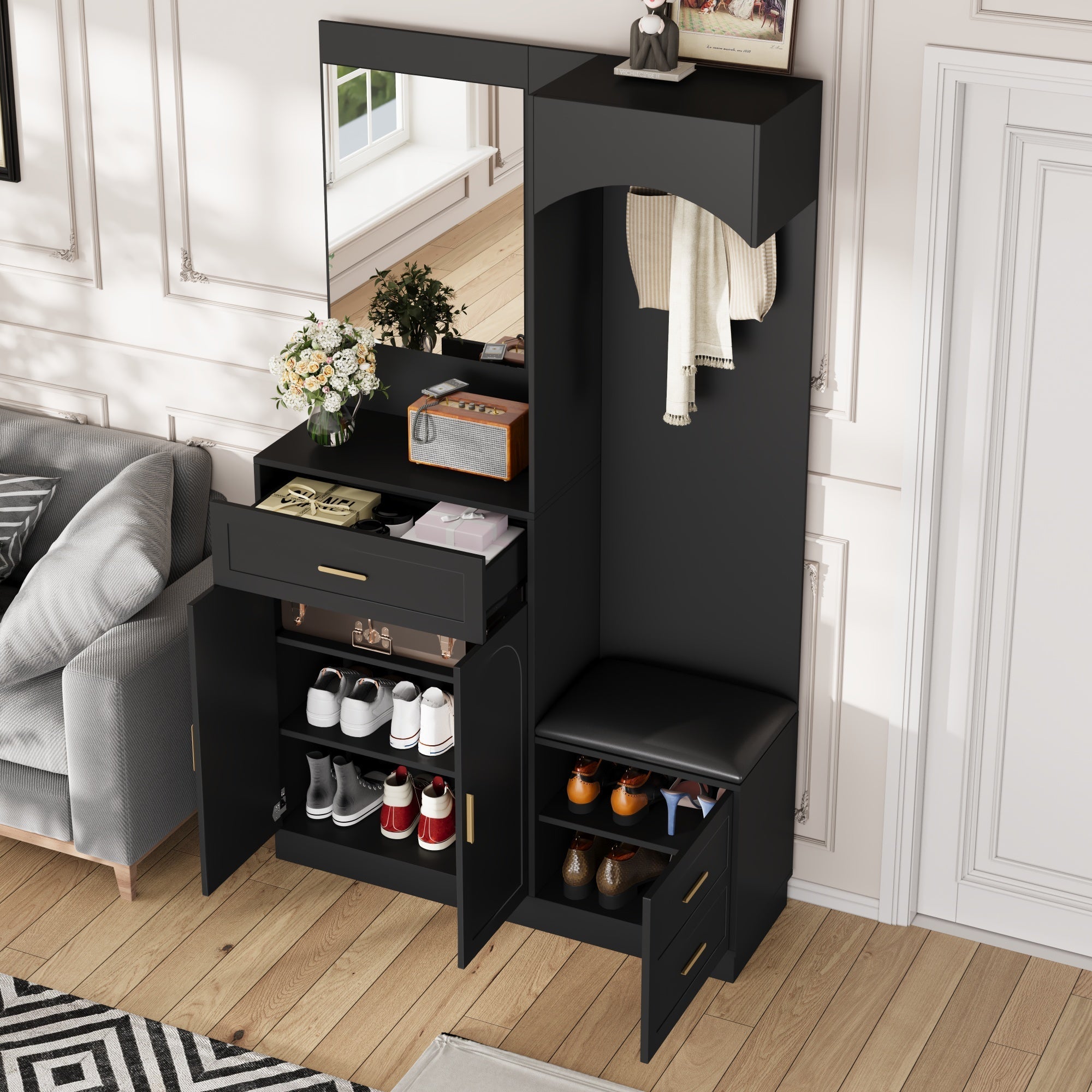 Compact Wardrobe and Shoe Cabinet Combination, Multifunctional Storage Shelf with Mirror, Modern