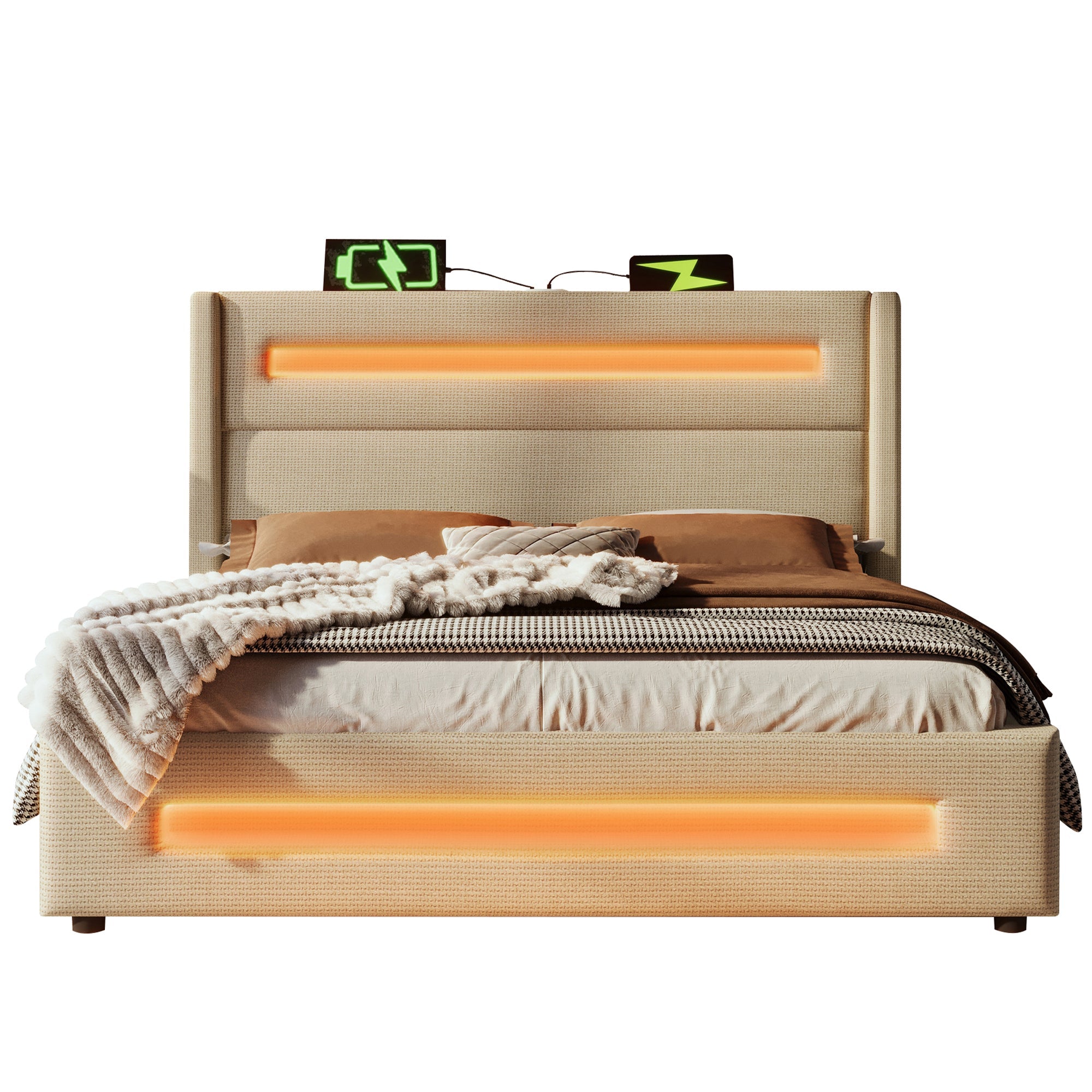 Upholstered Double Bed, 160x200cm LED Hydraulic Storage with USB-C, Beige Linen