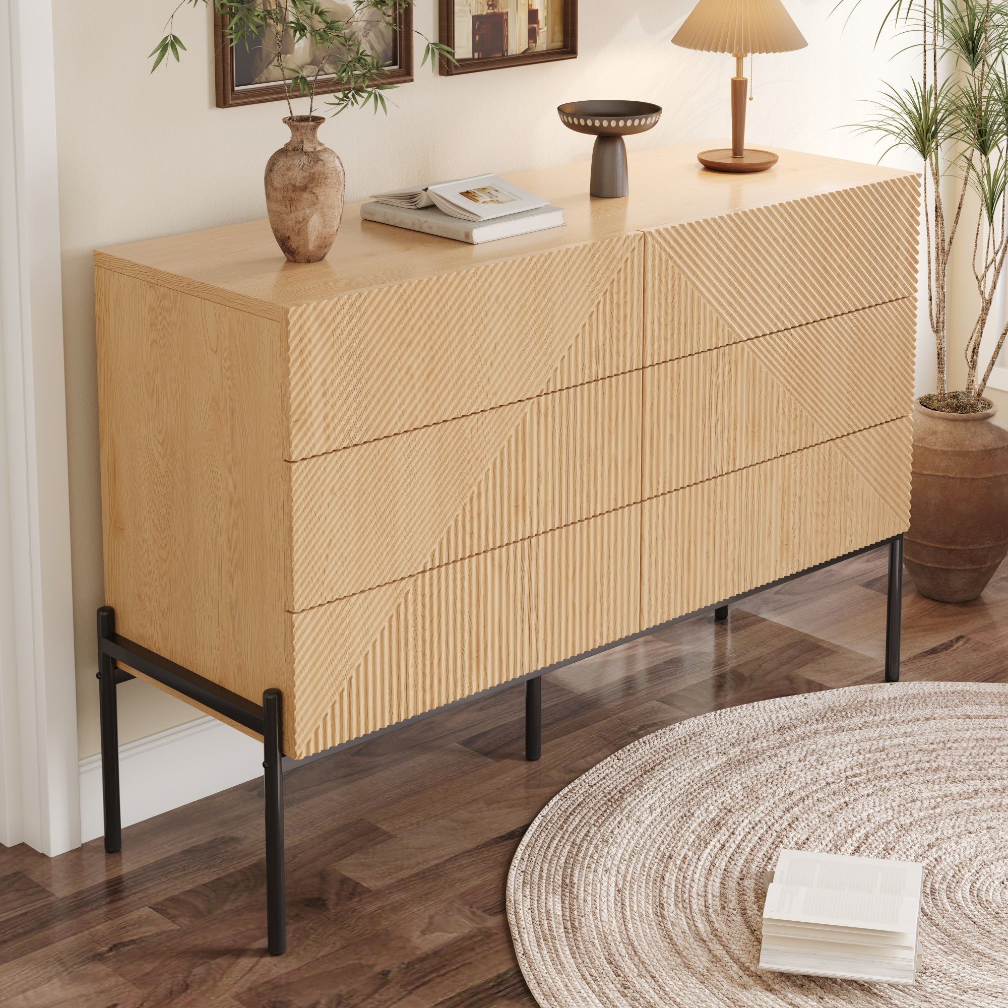Sideboard with Six Drawers and 3D Geometric Texture, Multifunctional Storage for Living and Dining Room, Wood and Metal