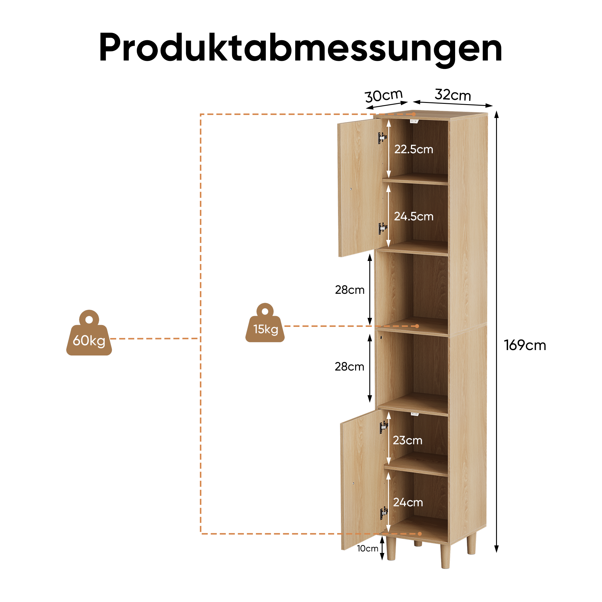 Tall Cabinet Washing Machine Cabinet with Doors and Open Shelves, Narrow Freestanding Storage, Oak Look