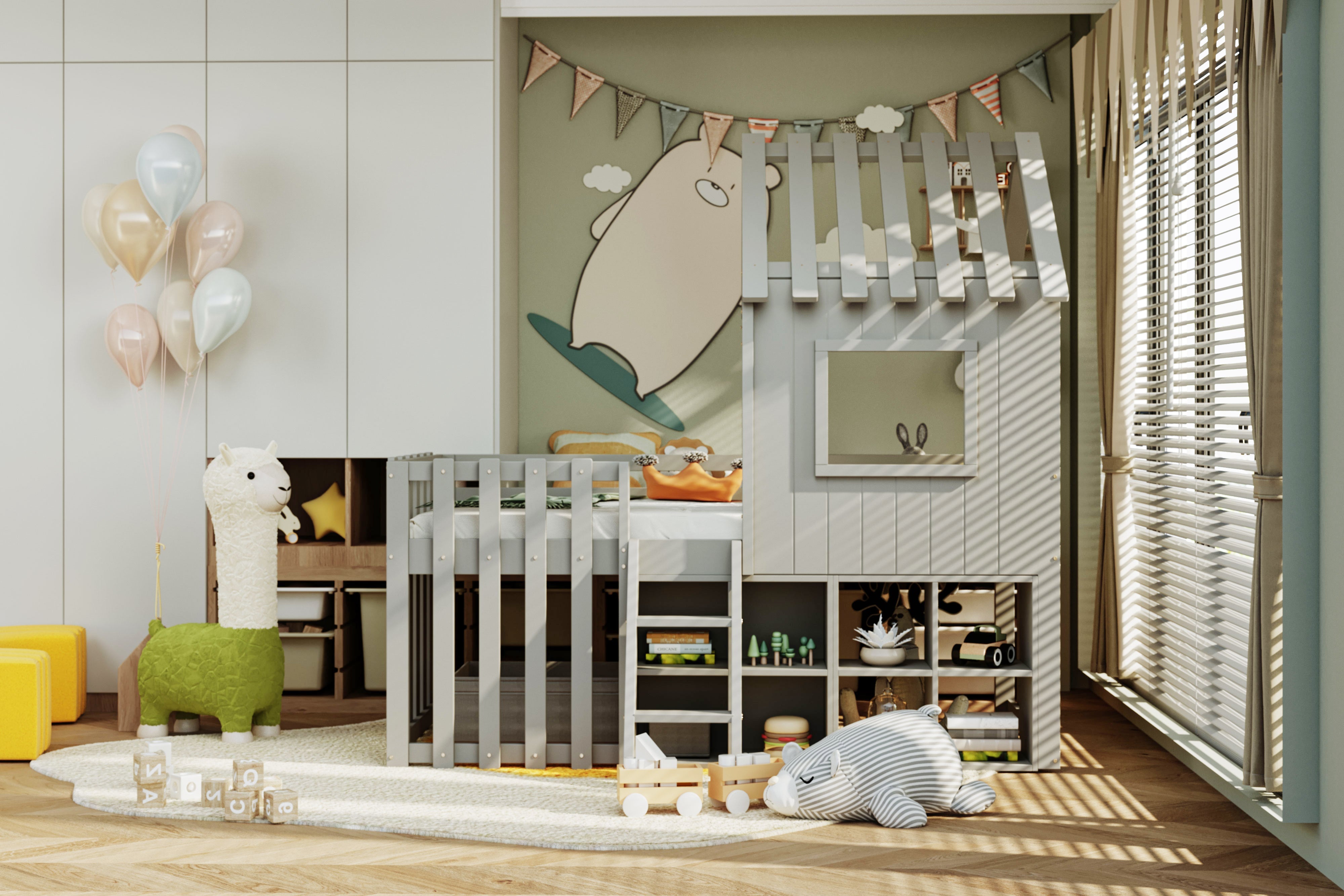 Children's House Bed 90x200, Roof & Window, Open Storage, Climbing Ladder, Solid Wood, Gray