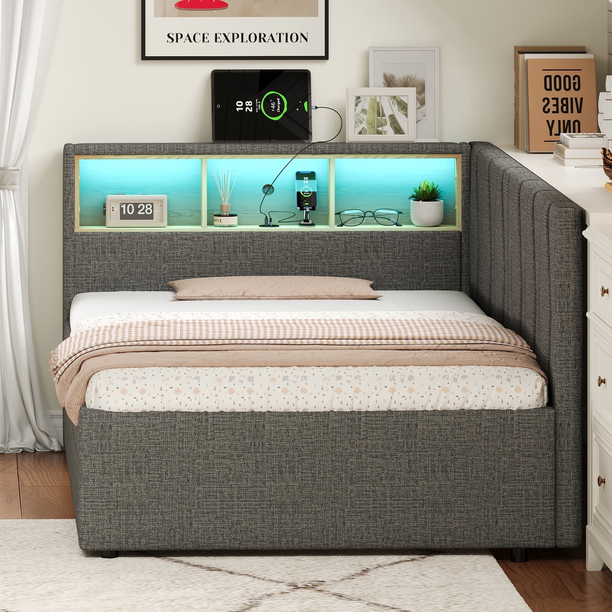 3ft Single Daybed with Two Storage Drawers, LED Modern Bed frame with Charging Station, Linen Sofa Bed, Grey