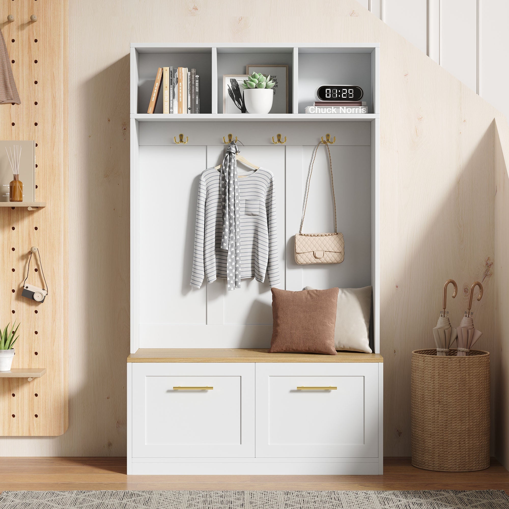Wardrobe Set Compact Hallway Bench 2 Doors 4 Hooks natural & white