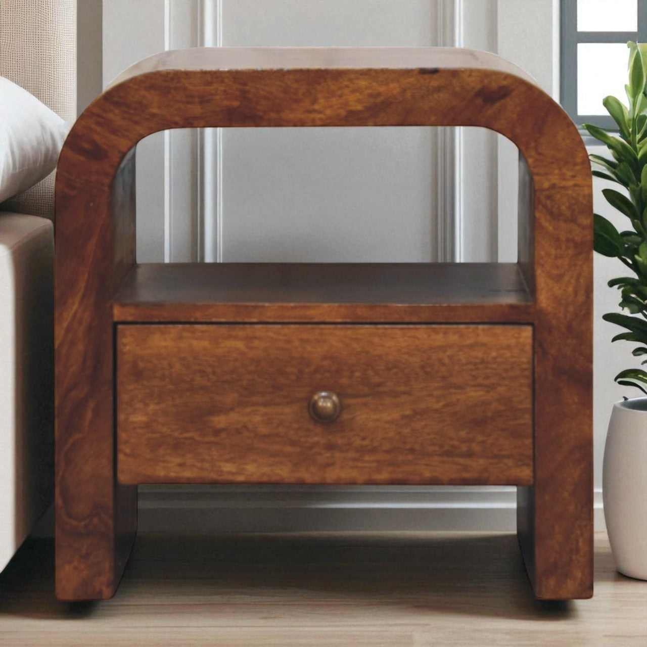 Solid Wood Darcy Chestnut Nightstand, 1 Drawer Open Shelf, Dark Brown