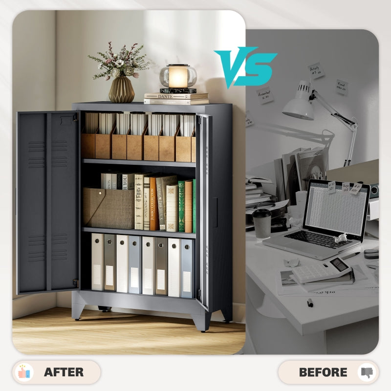 Filing Cabinet with Louvre Doors, Metal with 2 Adjustable Shelves, Grey