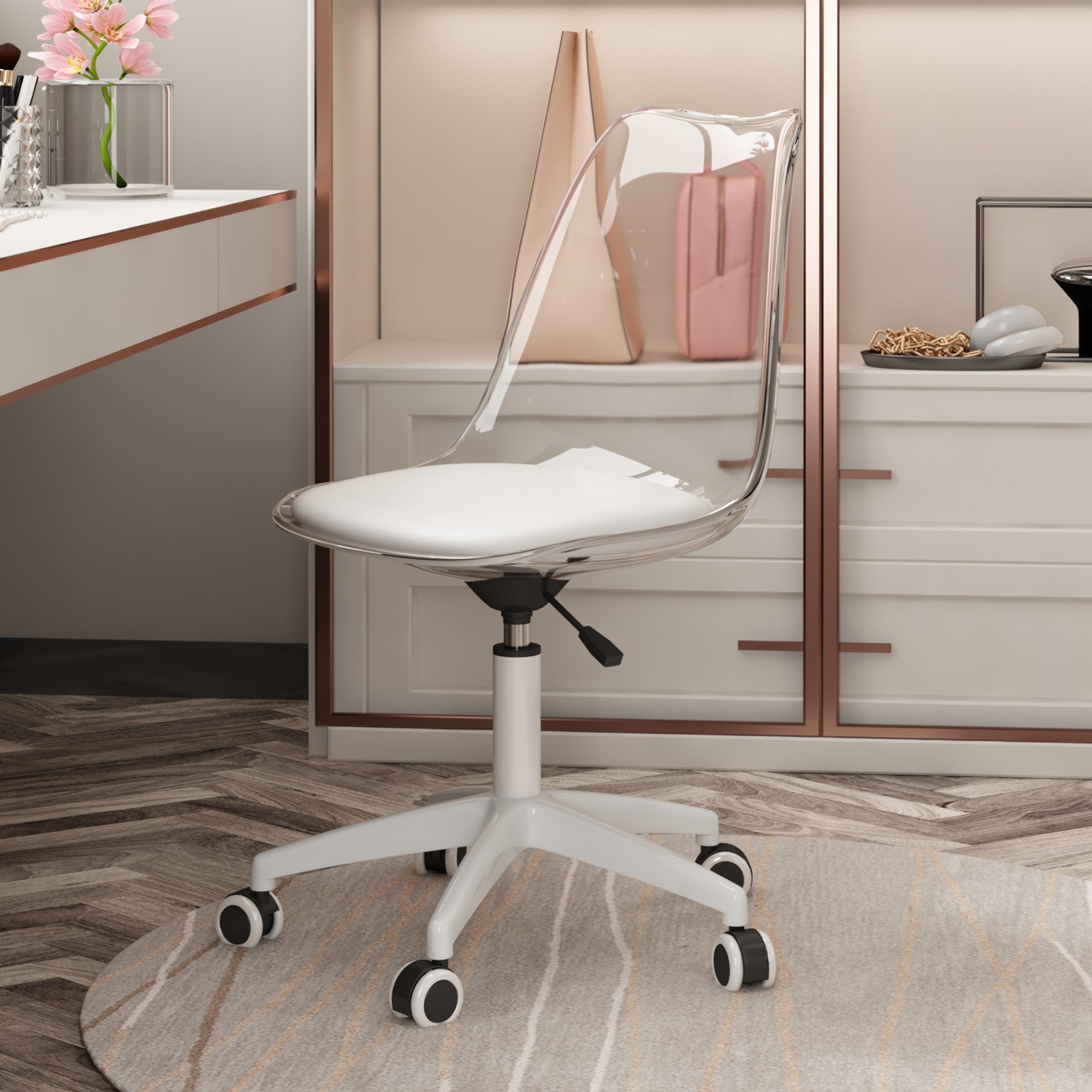 Swivel Chair Transparent Backrest Height-Adjustable PU Upholstery Casters