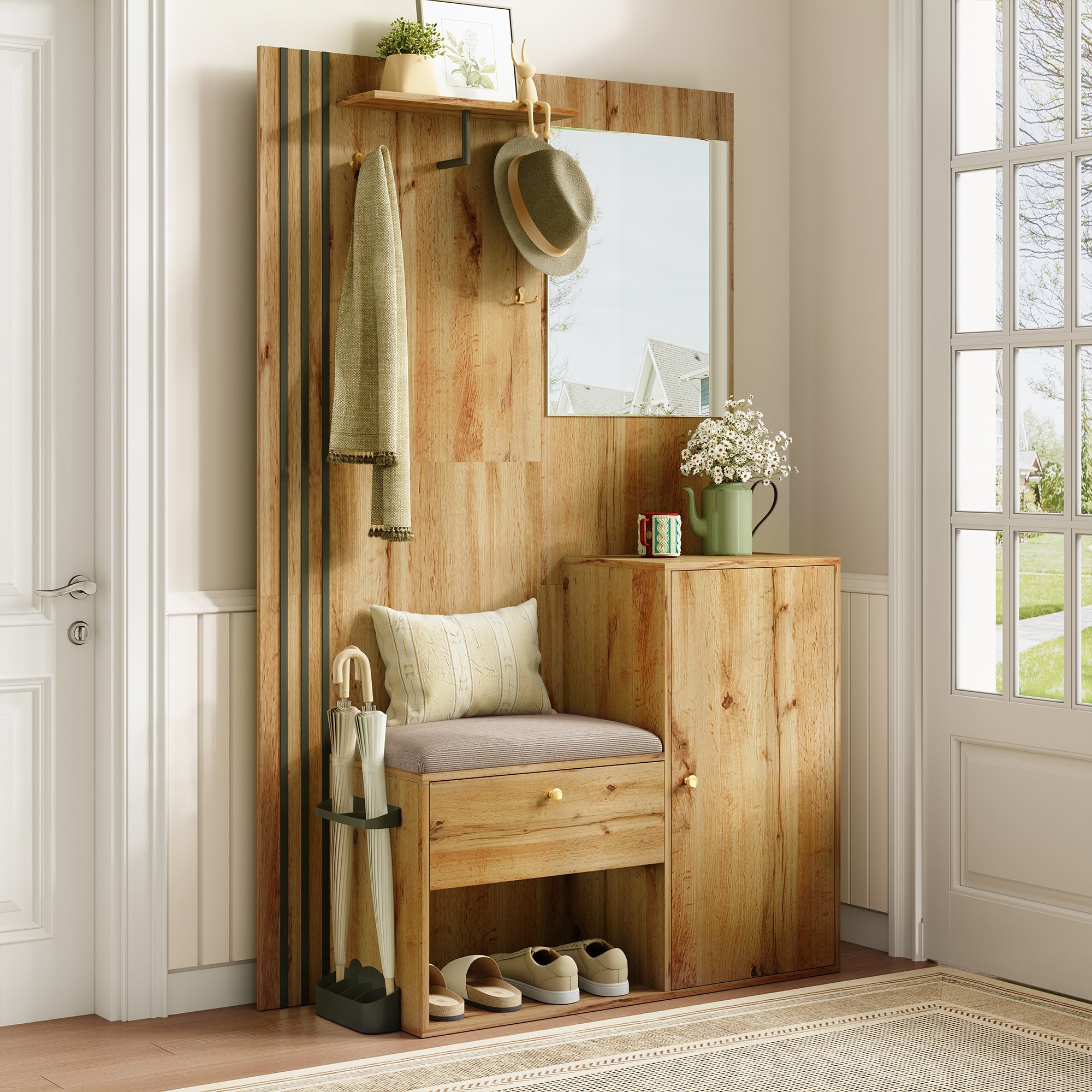 Wardrobe Set, Compact Hallway with Mirror & Cushion, Black Trim