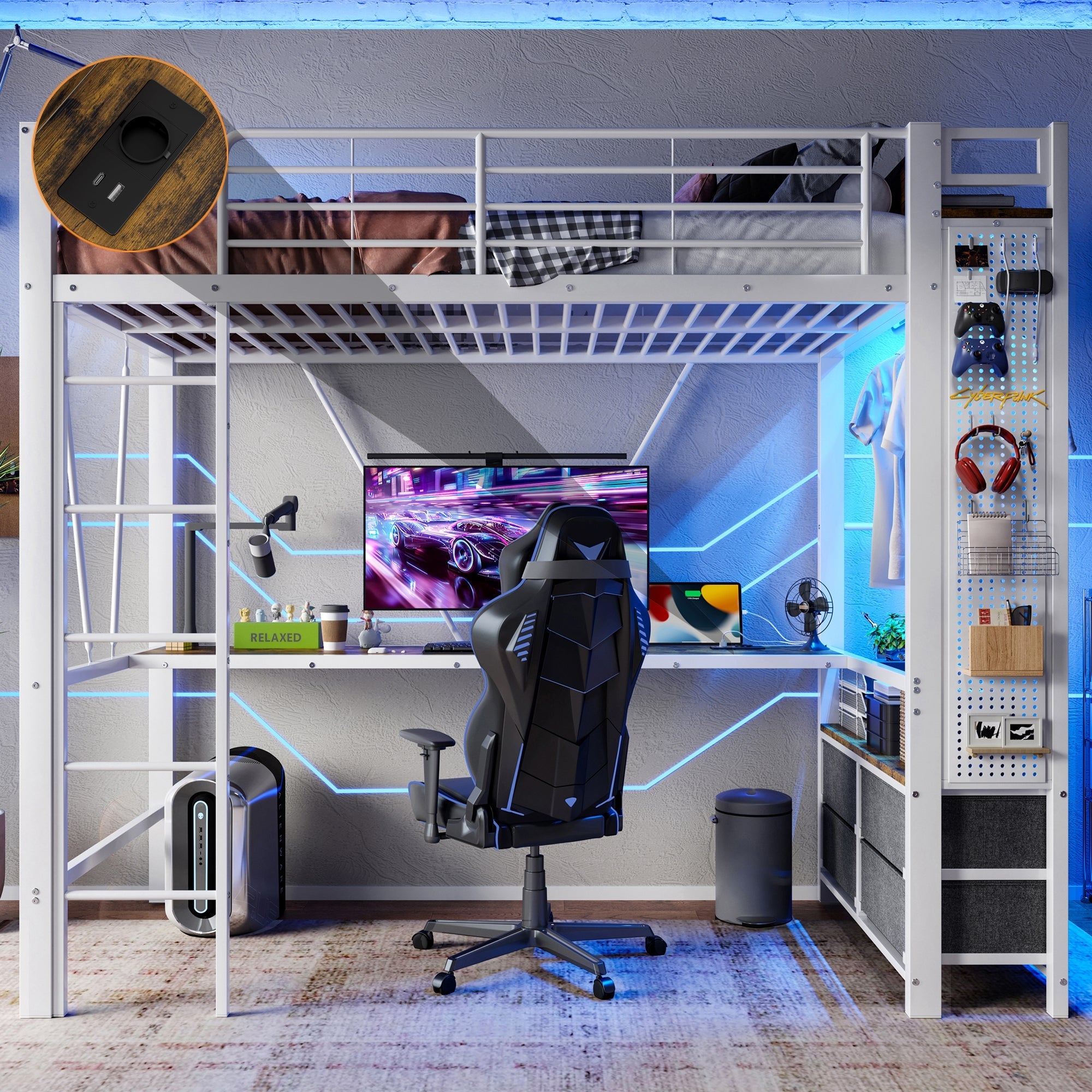 Loft Bed 90x200cm Desk 4 Drawers USB/Type-C LED Pegboard - White Iron