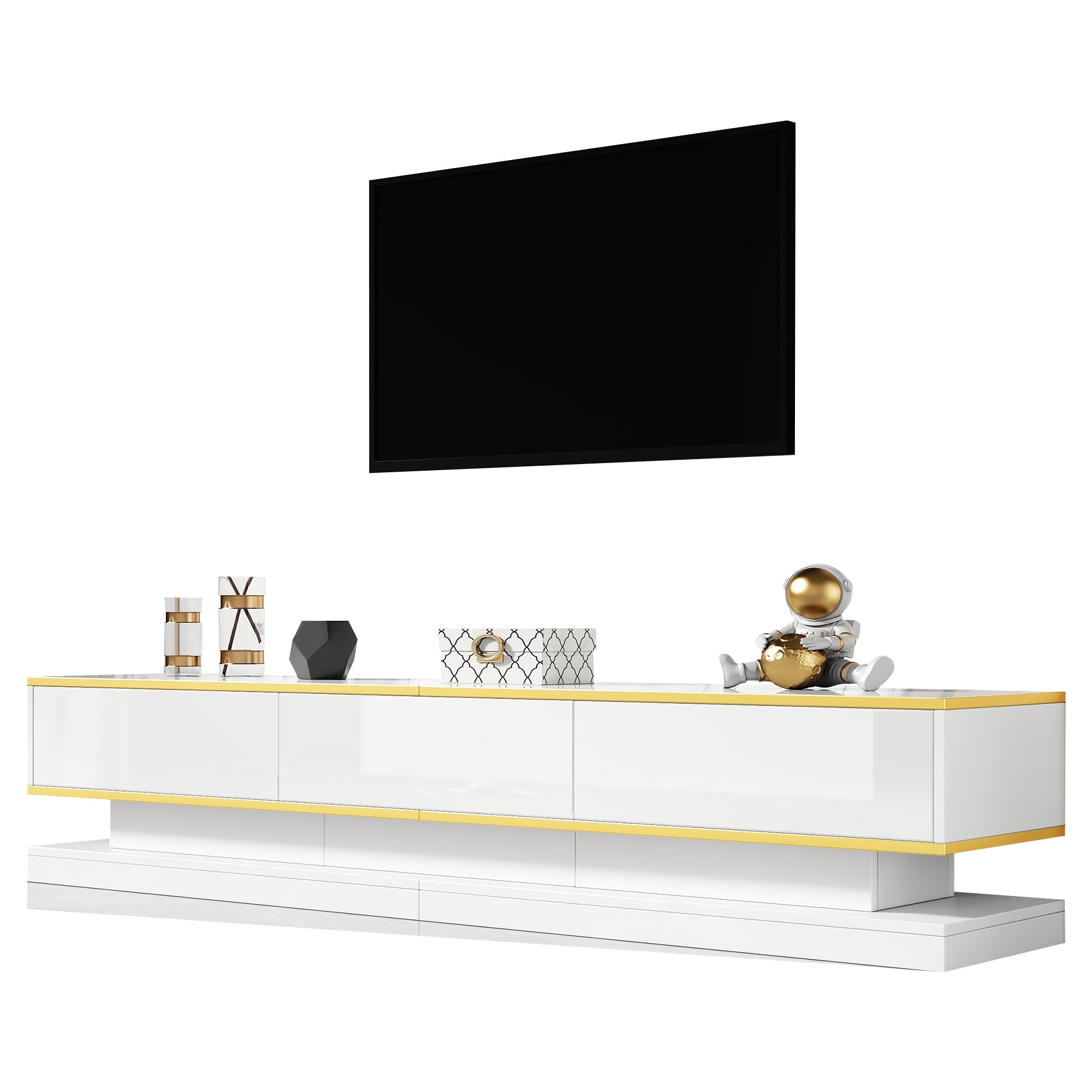 TV Cabinet, 200x40x40cm Lowboard with 3 Drawers, High-Gloss, Warm White with Gold Edge