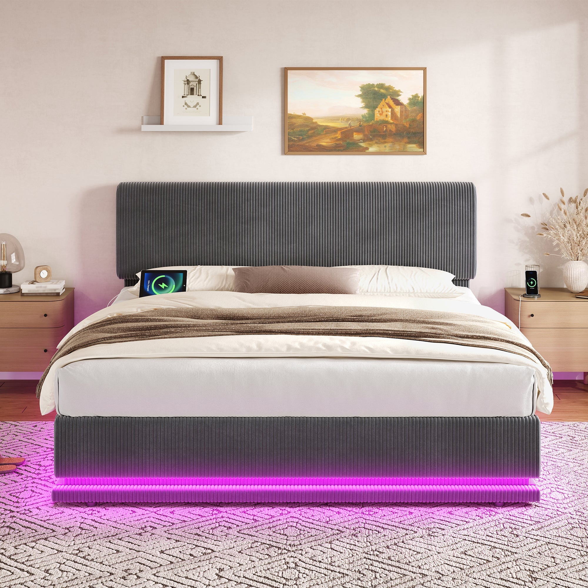 Modern Upholstered Bed with LED Lighting, USB-C Charging and Under-Bed Storage, Gray Corduroy