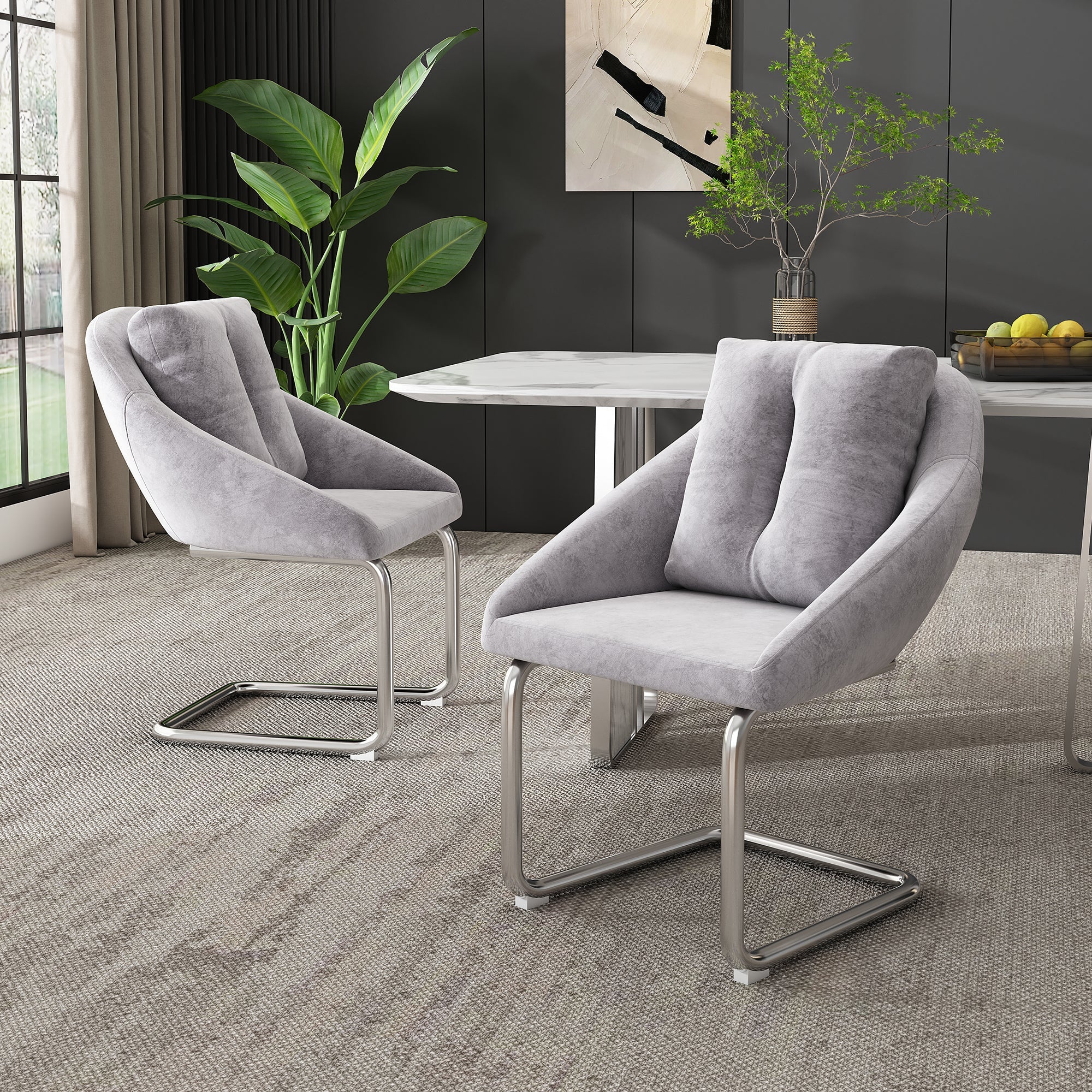 Velvet Dining Chair Set of 2 Swivel Cushions Curved Legs - Grey