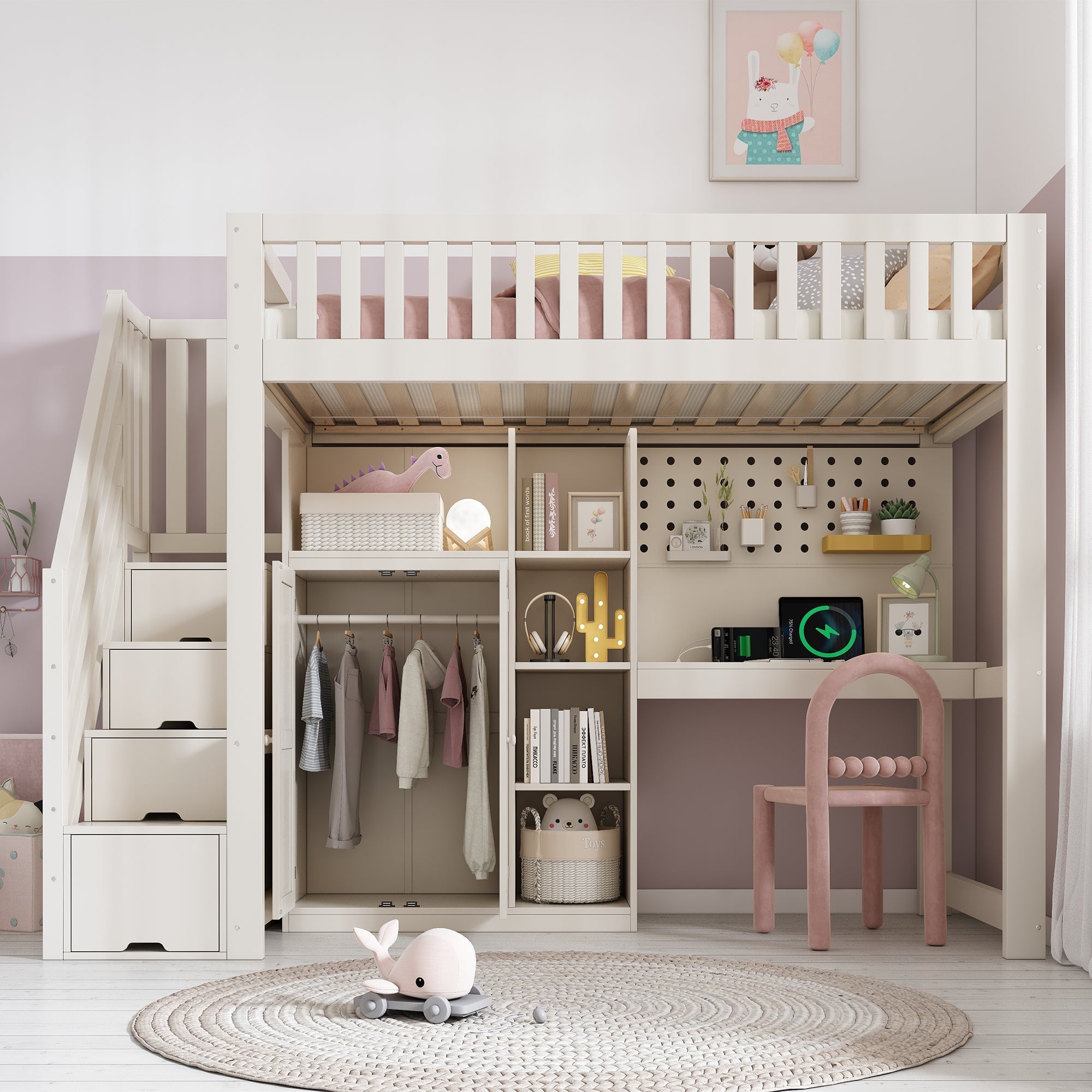 Children's Loft Bed with Desk, Wardrobe, Ladder Cabinet and USB Ports, 90x200cm, White Wood