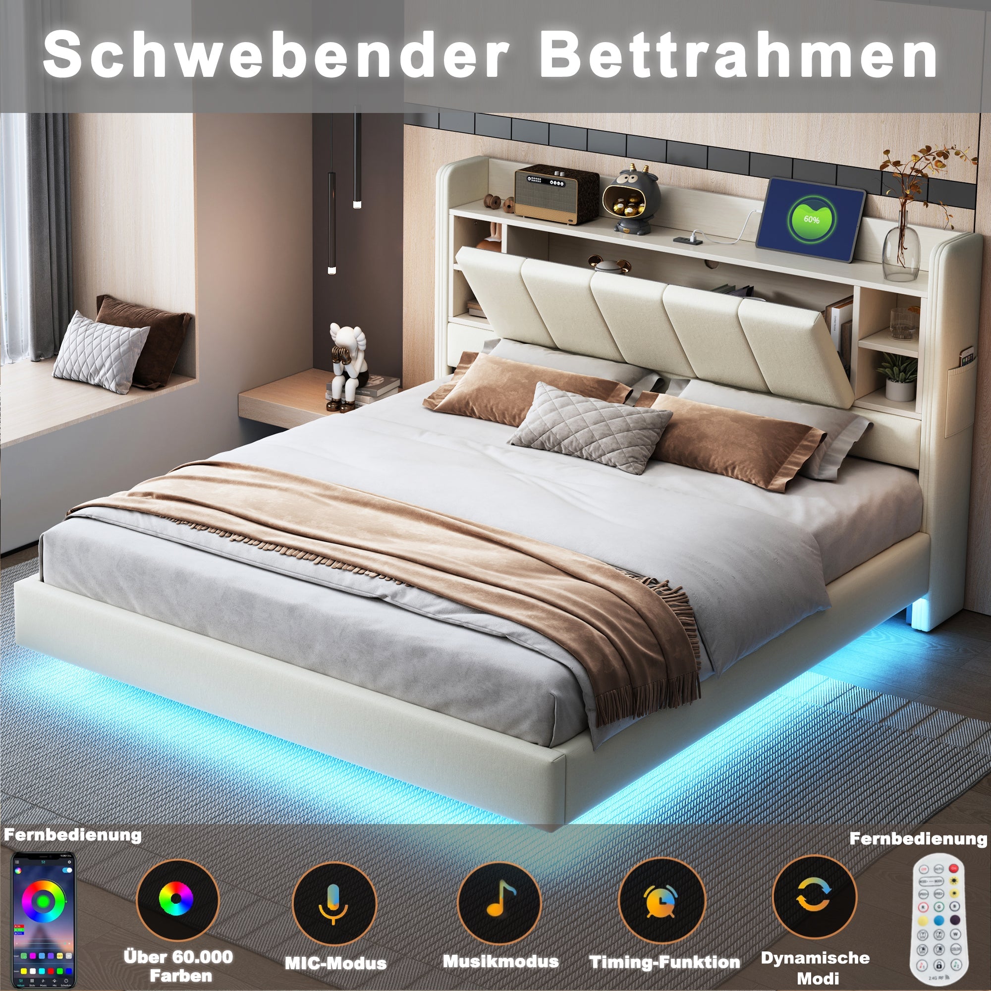 Upholstered Bed 160x200cm, USB Socket, LED Light, Reversible Headboard Storage, Linen Beige
