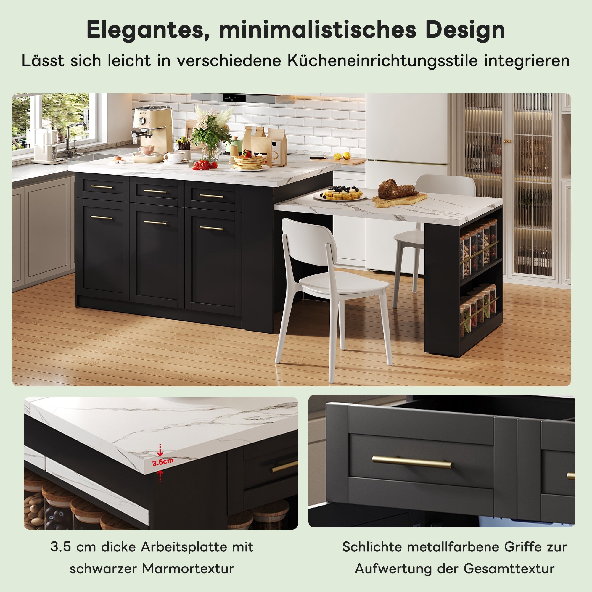 Multifunctional Kitchen Island Extendable Dining Table Storage 150cm+96cm White Marbled Wooden/Black