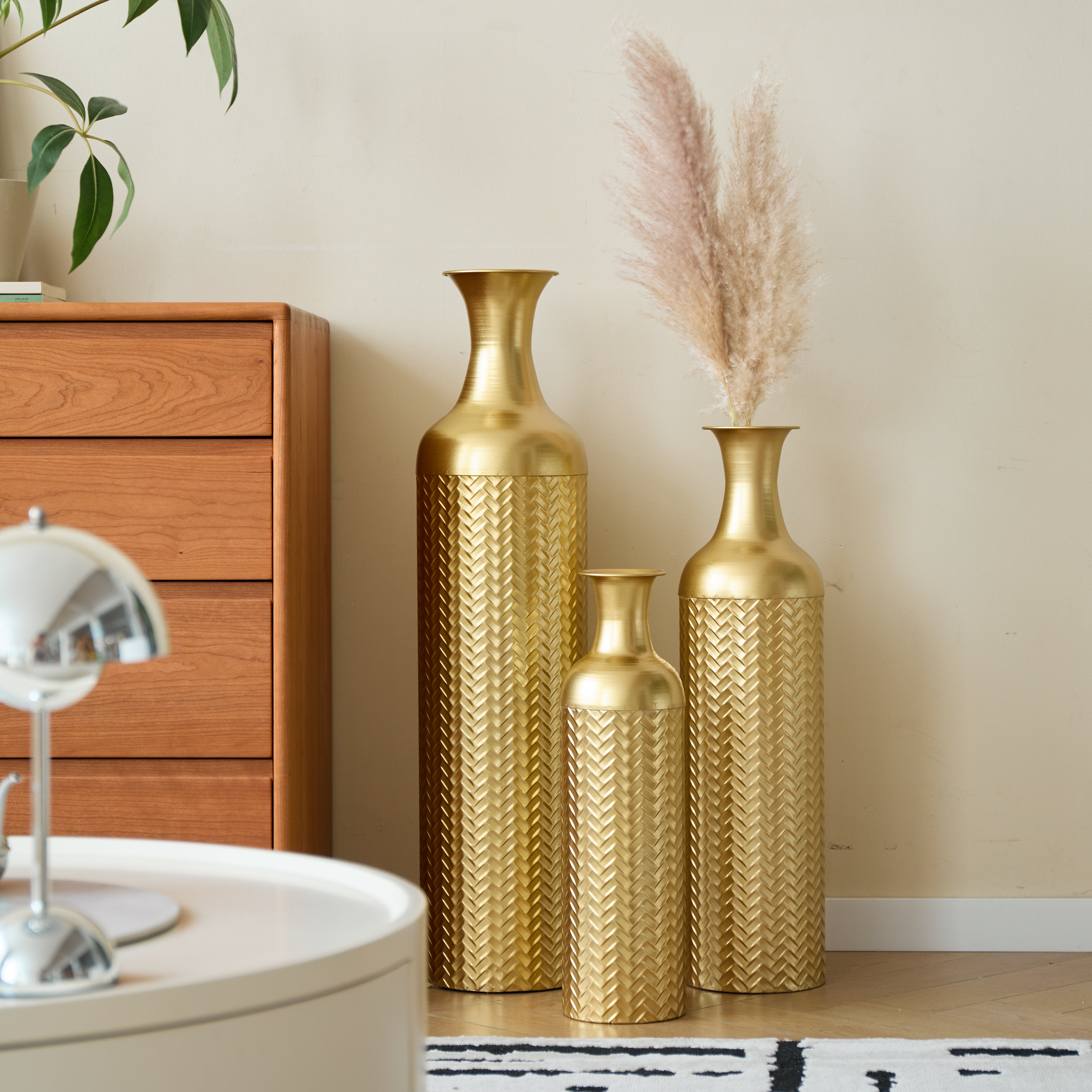 Golden Floor Vase Set, 3 Retro Decorative Vases 83/65/50cm High, Metal
