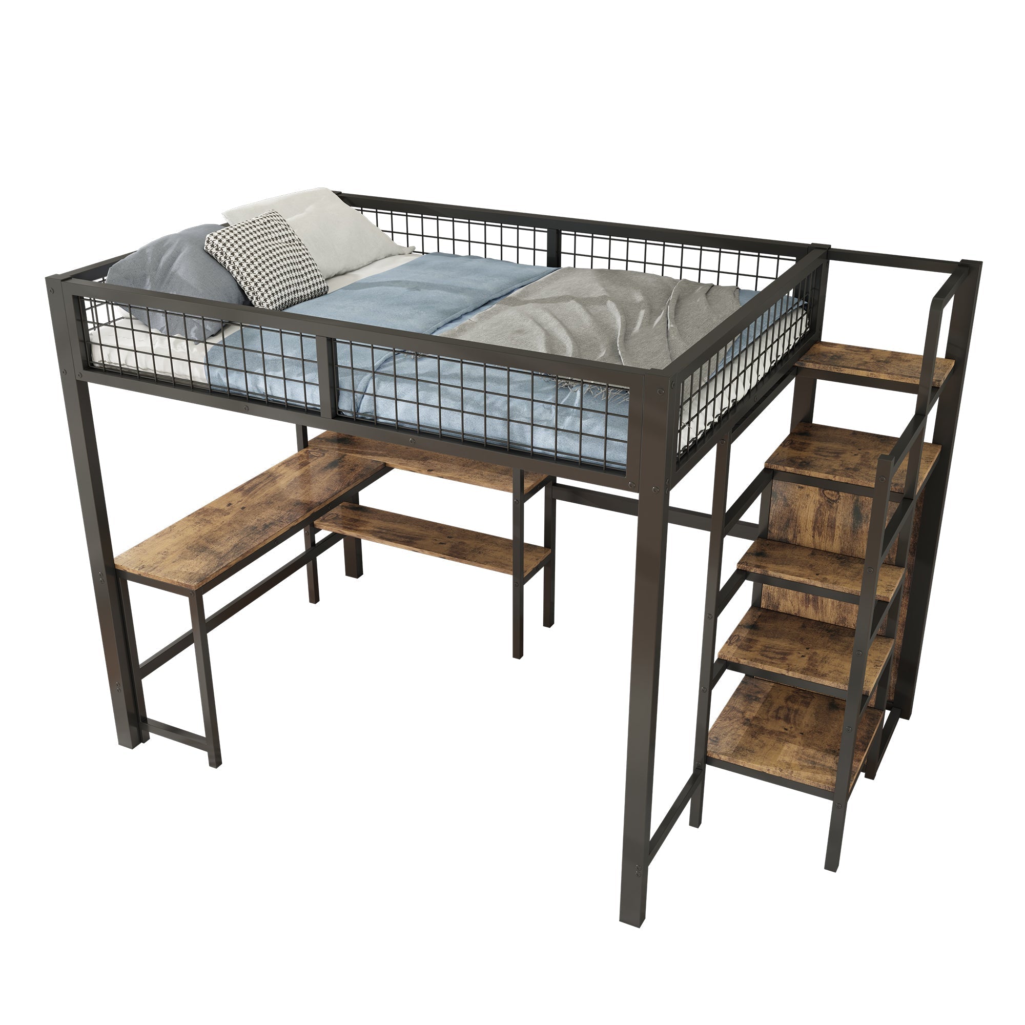 Loft Bed 140x200cm Iron Frame with Storage Ladder Shelves Wardrobe Desk Black