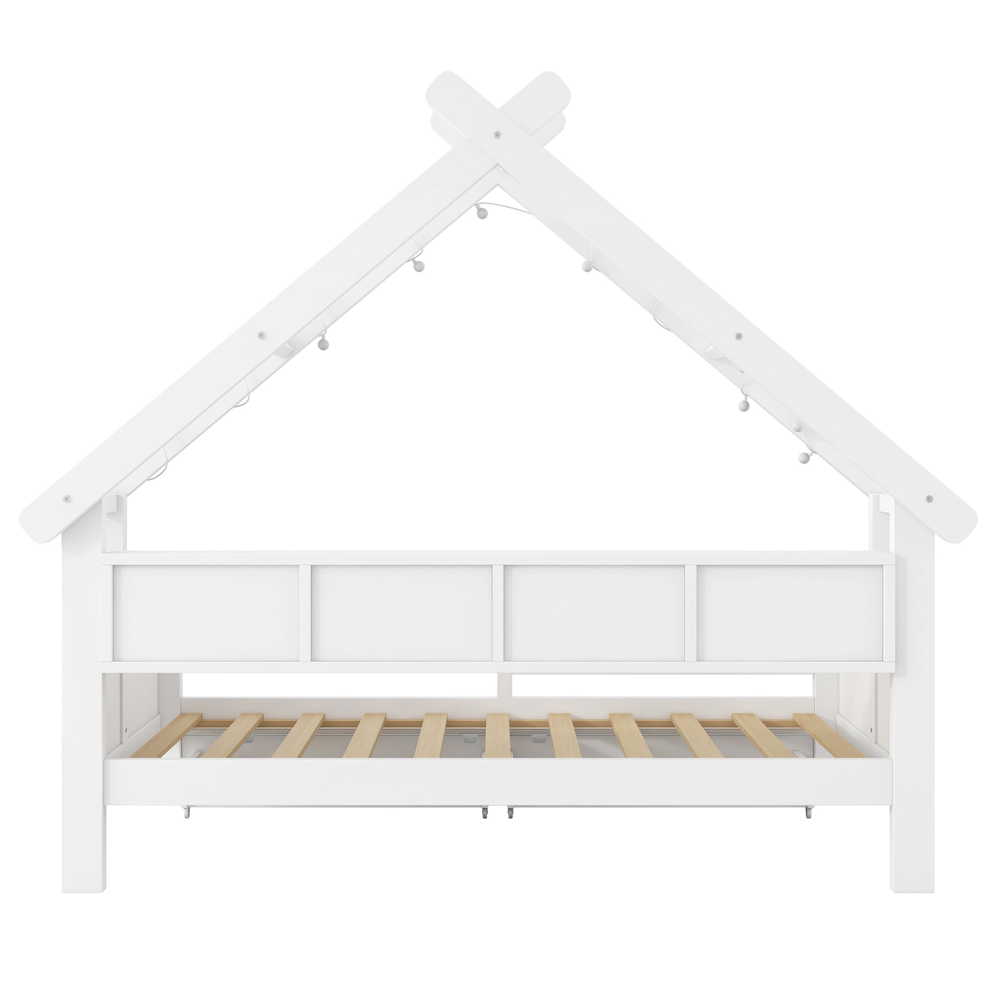 Wooden House Platform Bed with LED Lighting, Storage and Safety Rails, White