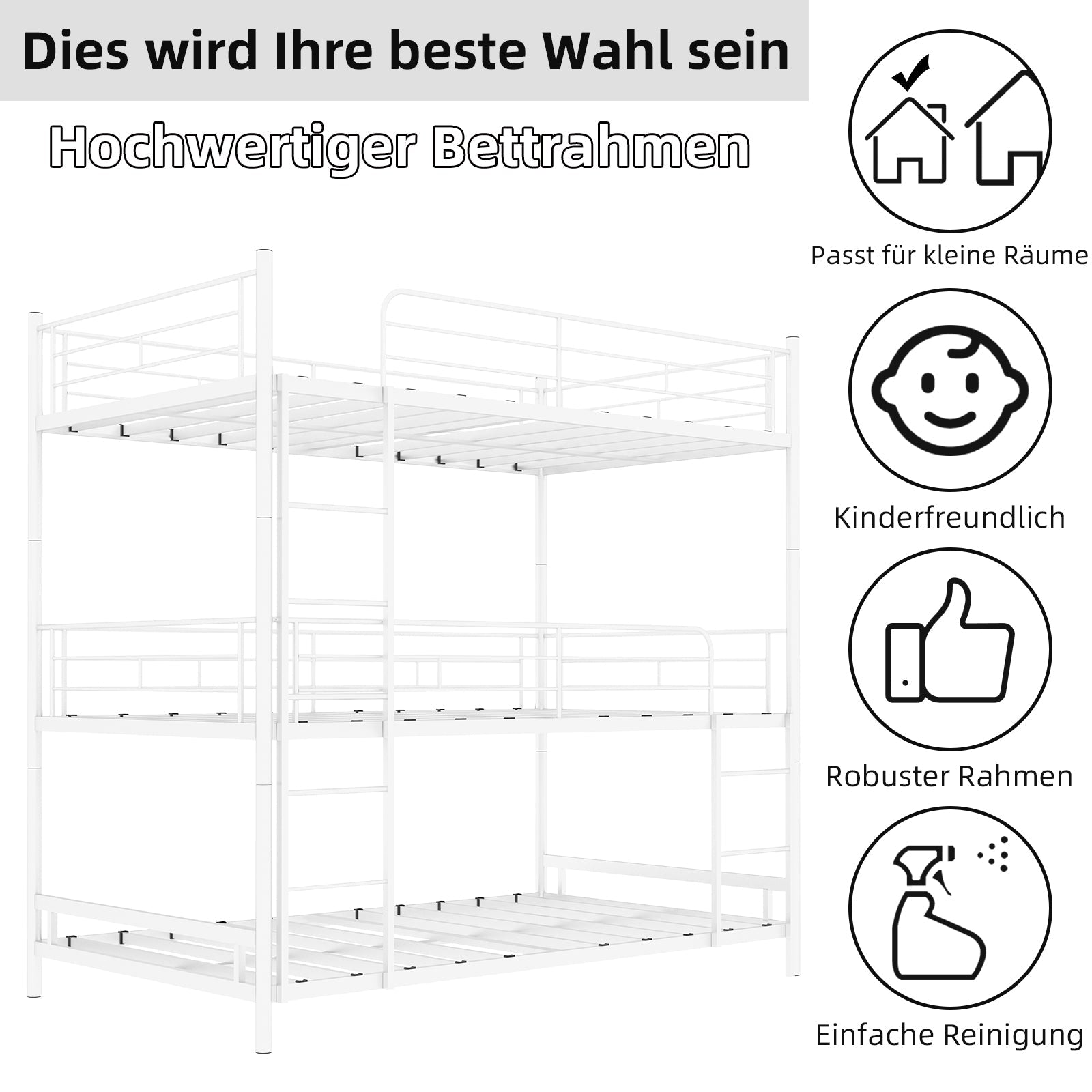 Triple Frame Bed, Heavy-Duty with Built-in Ladder & Railing, Metal