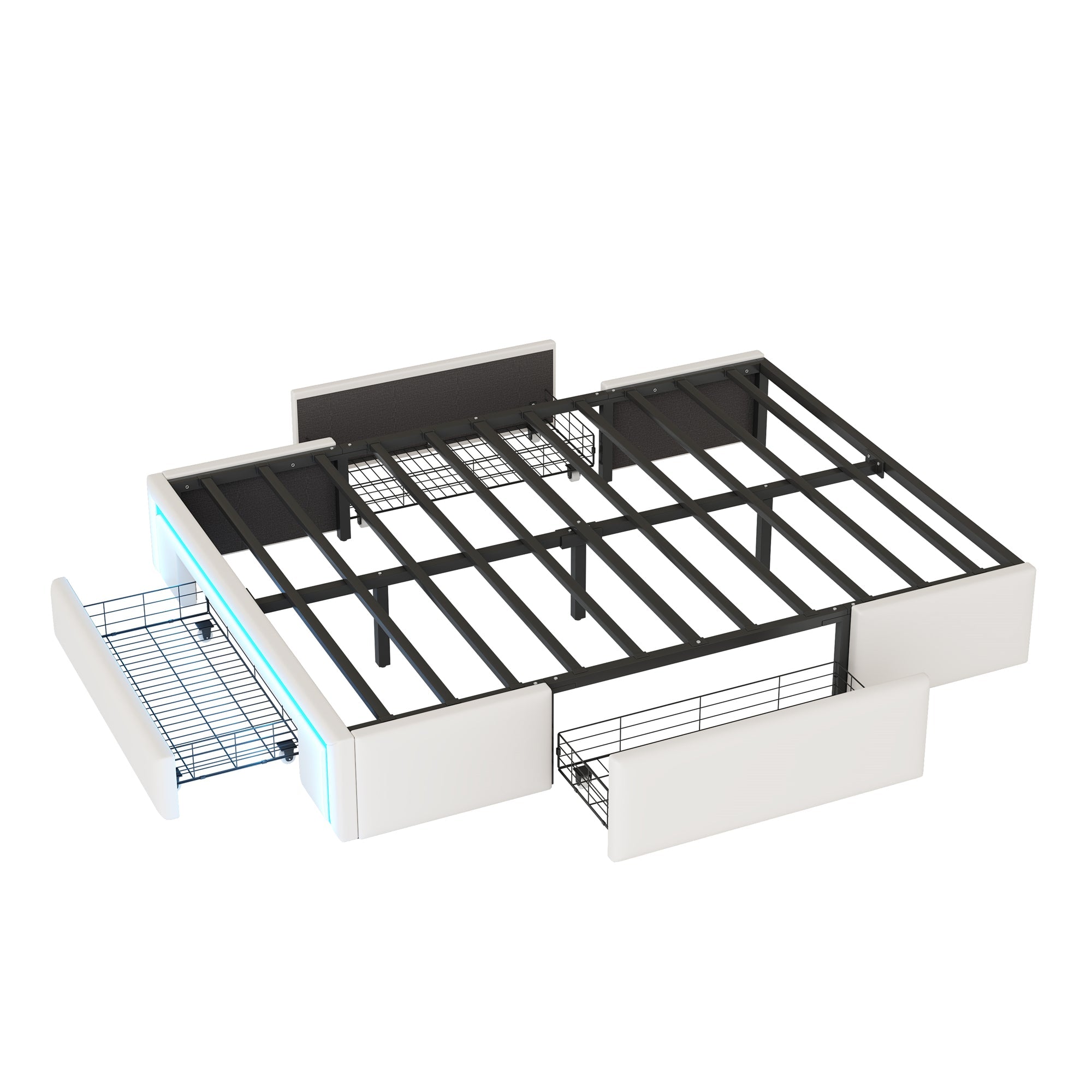 Bed Frame 140x200 with Drawers, LED Light Bar, Metal Slatted Platform, PU Leather Beige
