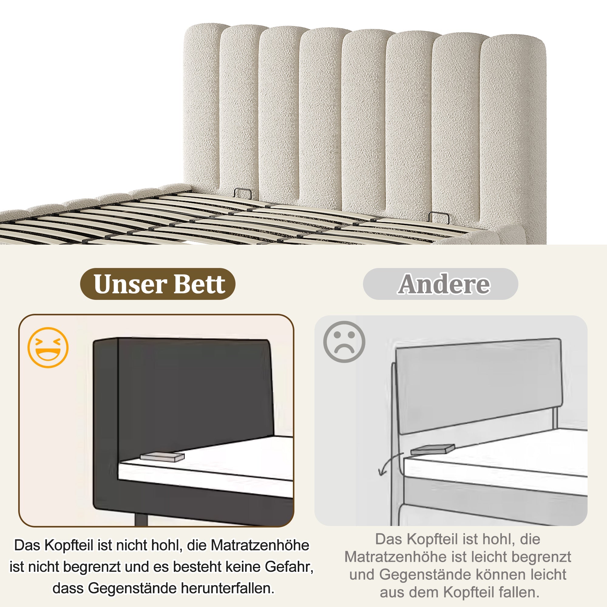 Upholstered Double Bed 180x200cm Hydraulic Storage Bed with Slatted Frame White Bouclé